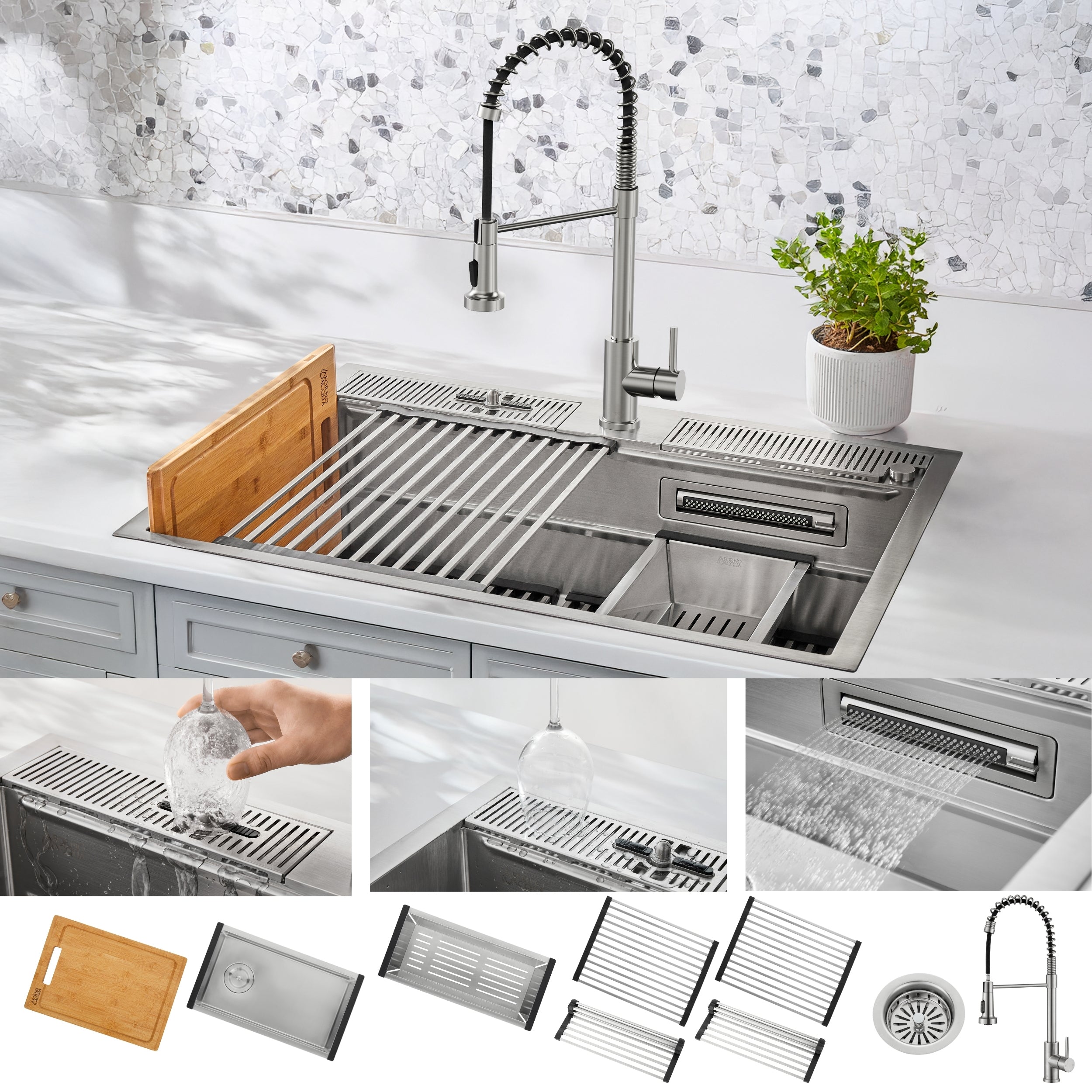 FORNO ACQUA MultiSINK kit with Integrated Waterfall Rinsing and Glass Washing Station. Includes Chef Faucet and Accessories.