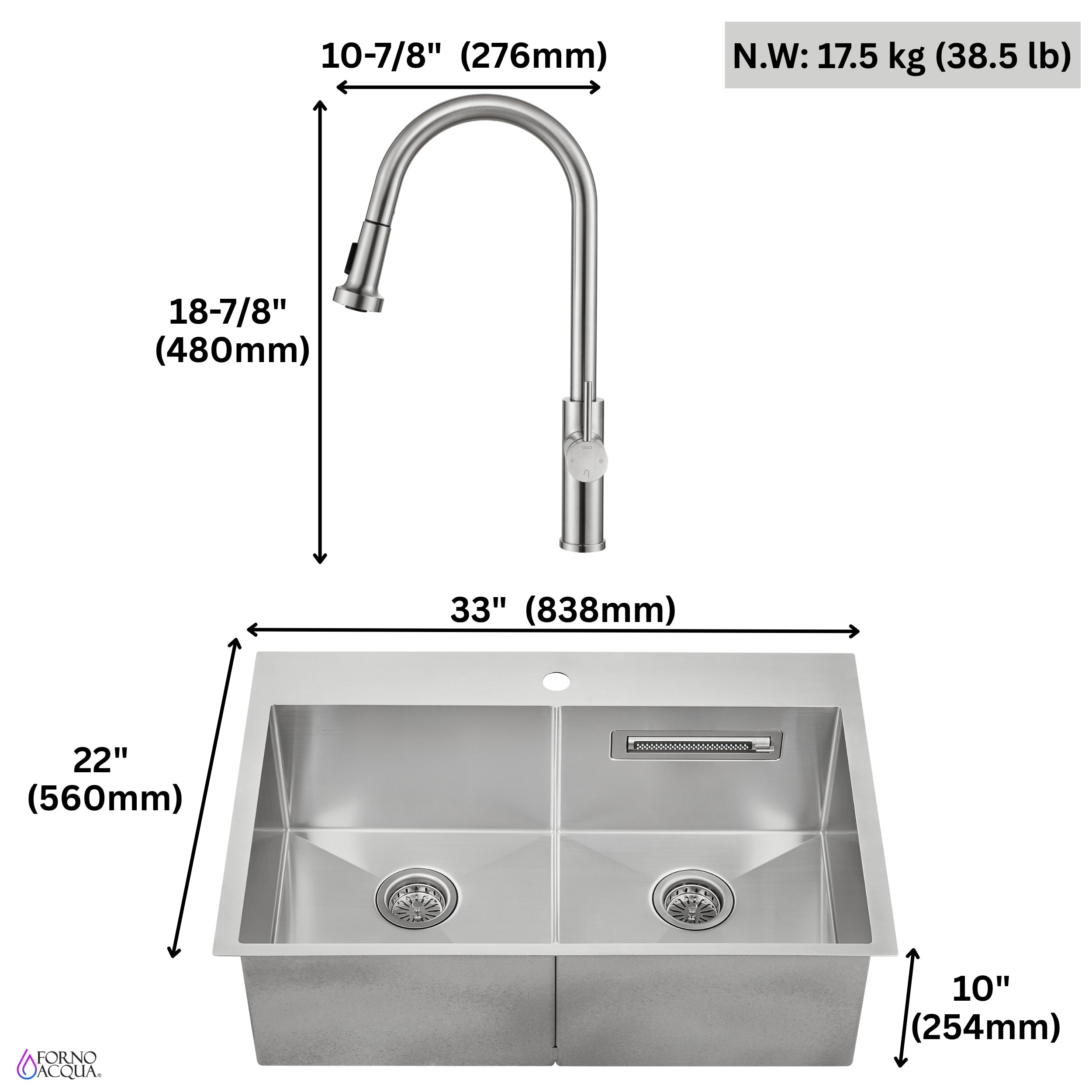 FORNO ACQUA 33 in. Drop-In/Undermount 50/50 Double Bowl Stainless Steel Sink with Faucet & Waterfall