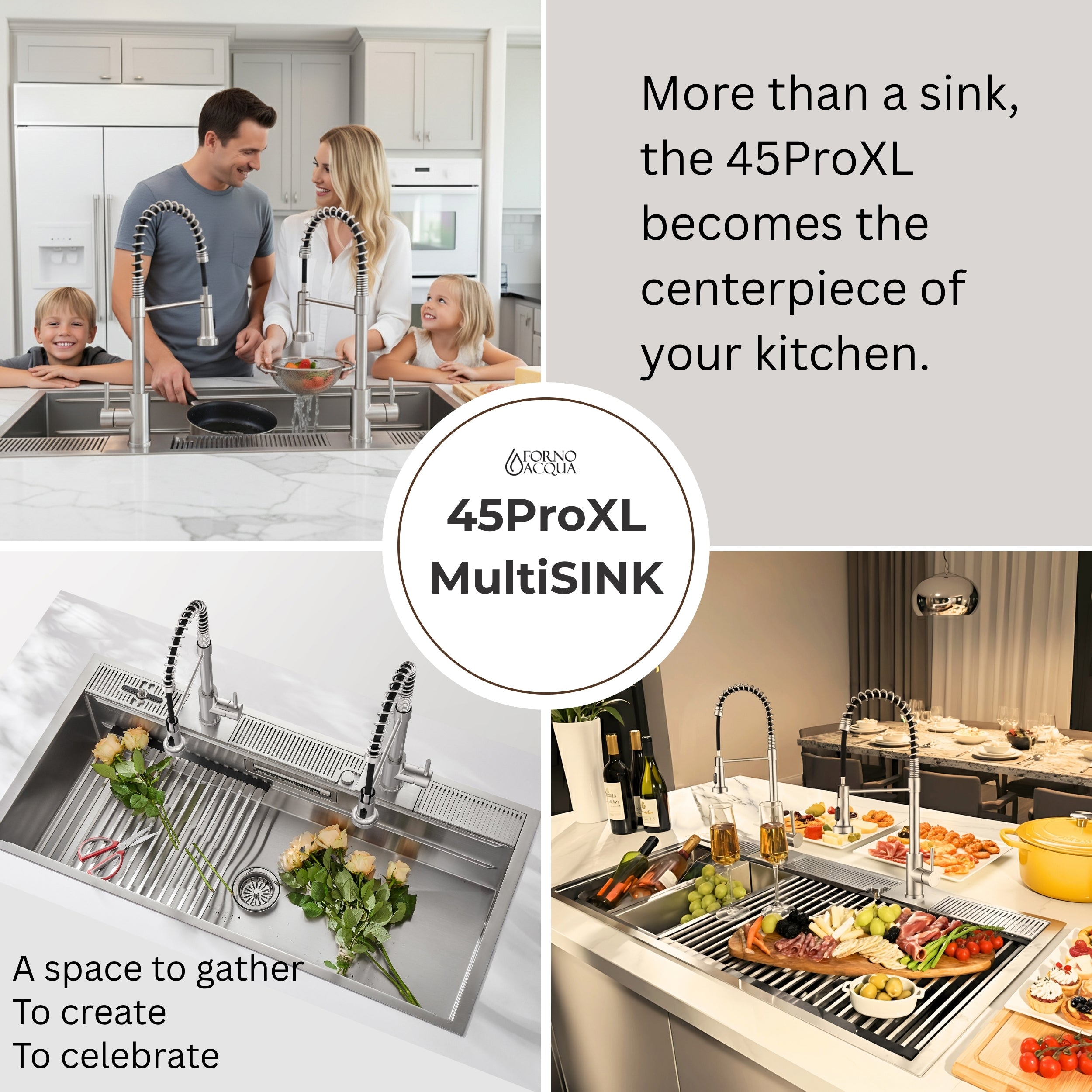 FORNO ACQUA 45 in. Drop-In/Undermount 3-Level Workstation Sink with Two Faucets & Glass Rinser