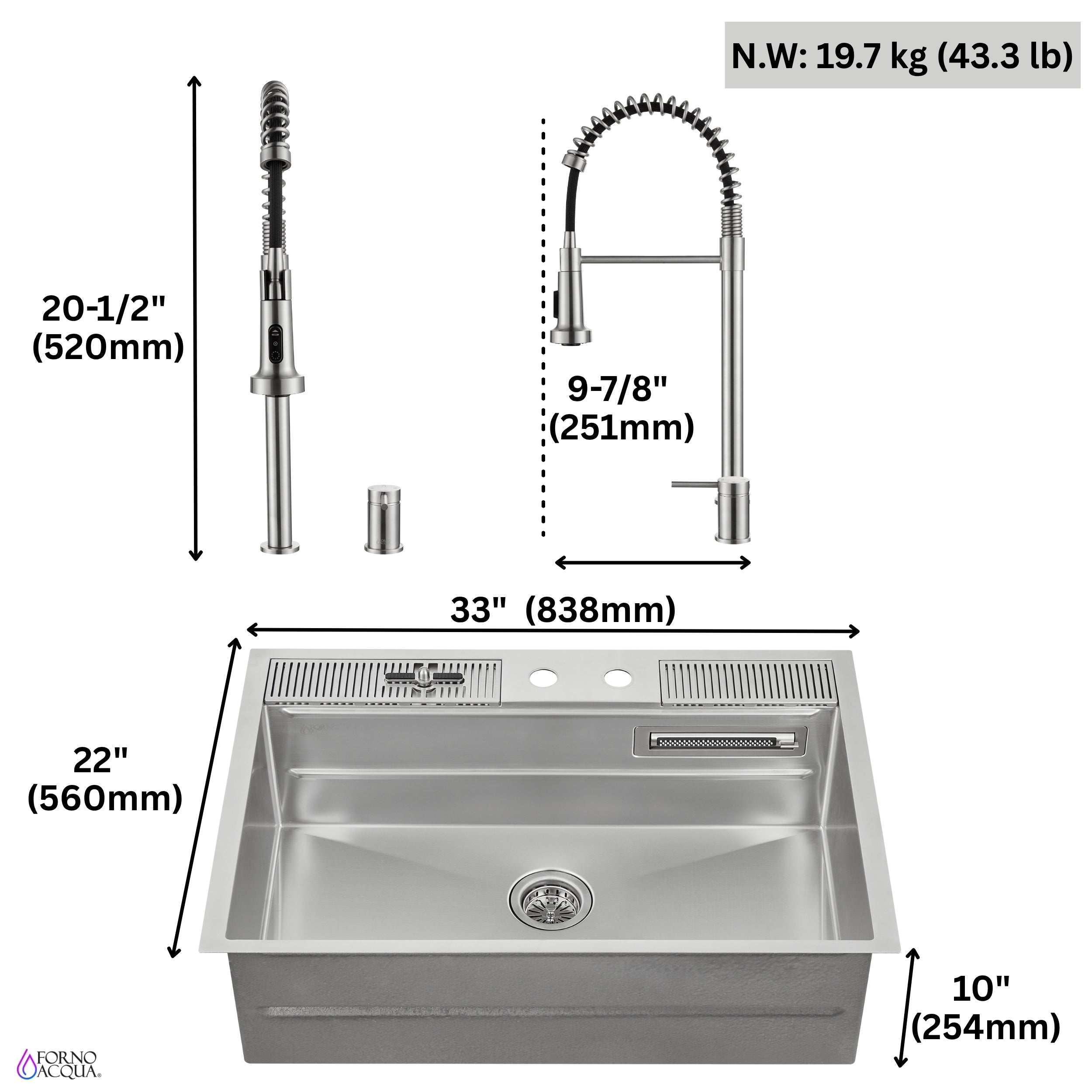 FORNO ACQUA 33 in. Drop-In/Undermount 3-Level Workstation Sink with Faucet, Waterfall & Glass Rinser