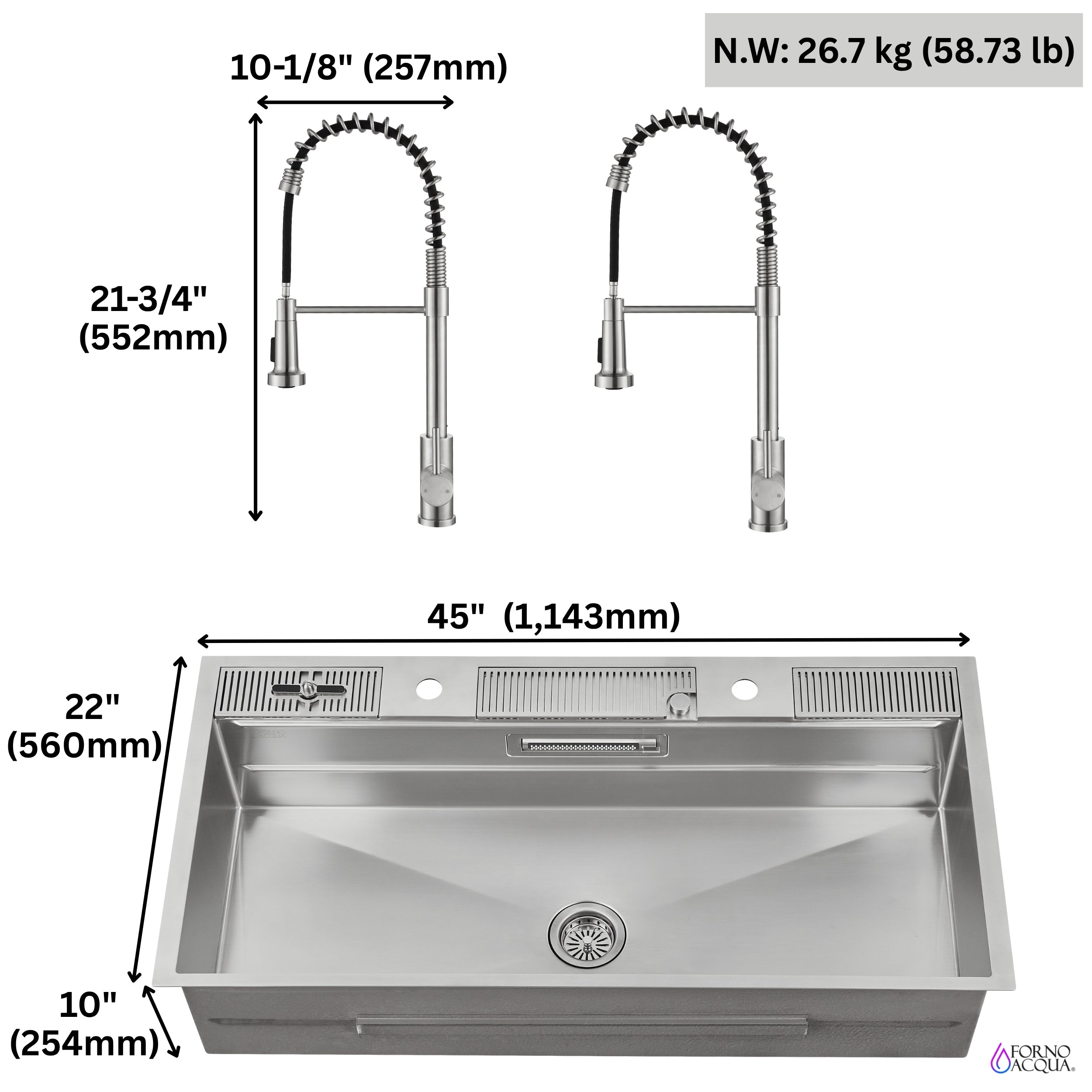 FORNO ACQUA 45 in. Drop-In/Undermount 3-Level Workstation Sink with Two Faucets & Glass Rinser