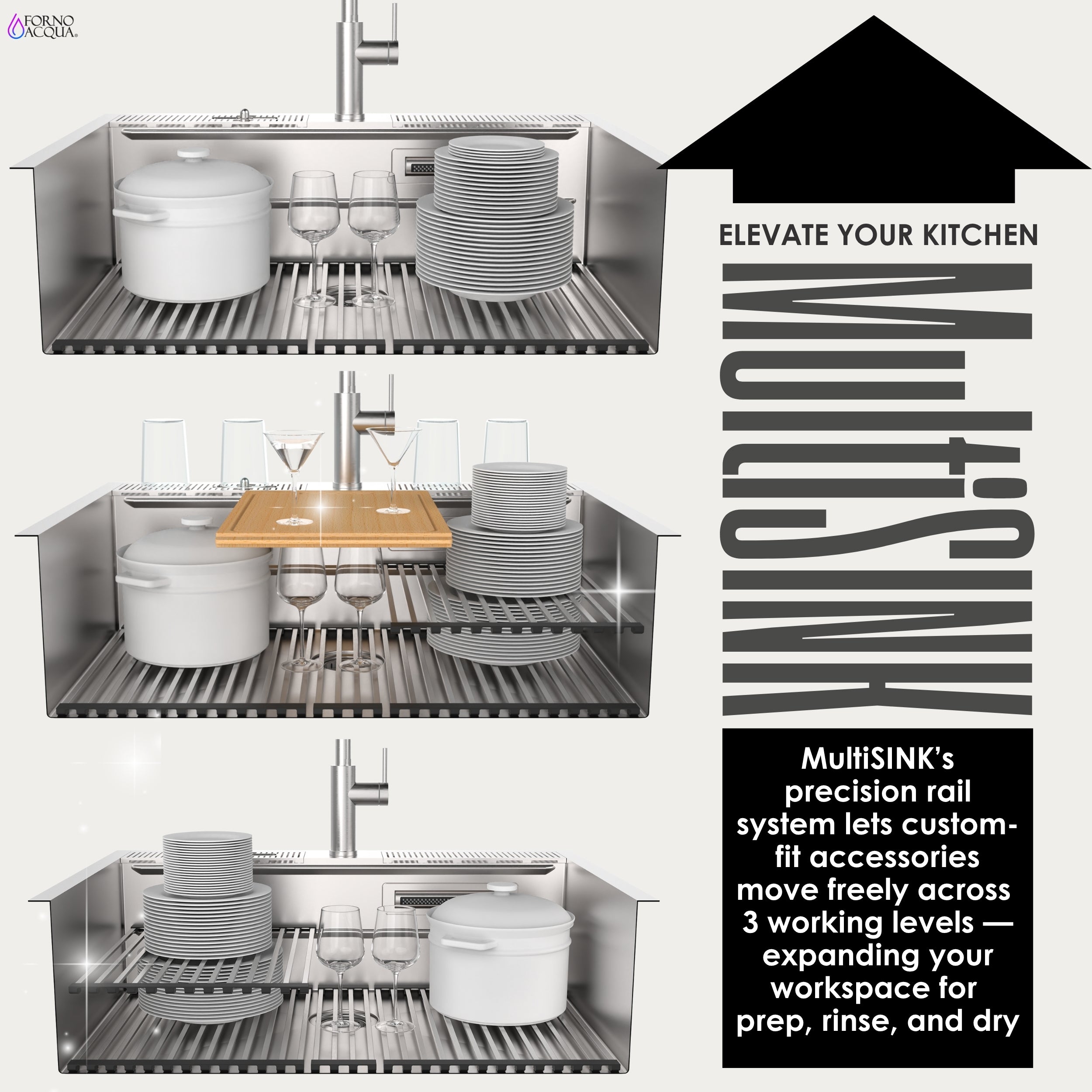 FORNO ACQUA 33 in. Drop-In/Undermount 3-Level Workstation Sink with Waterfall Faucet & Glass Rinser