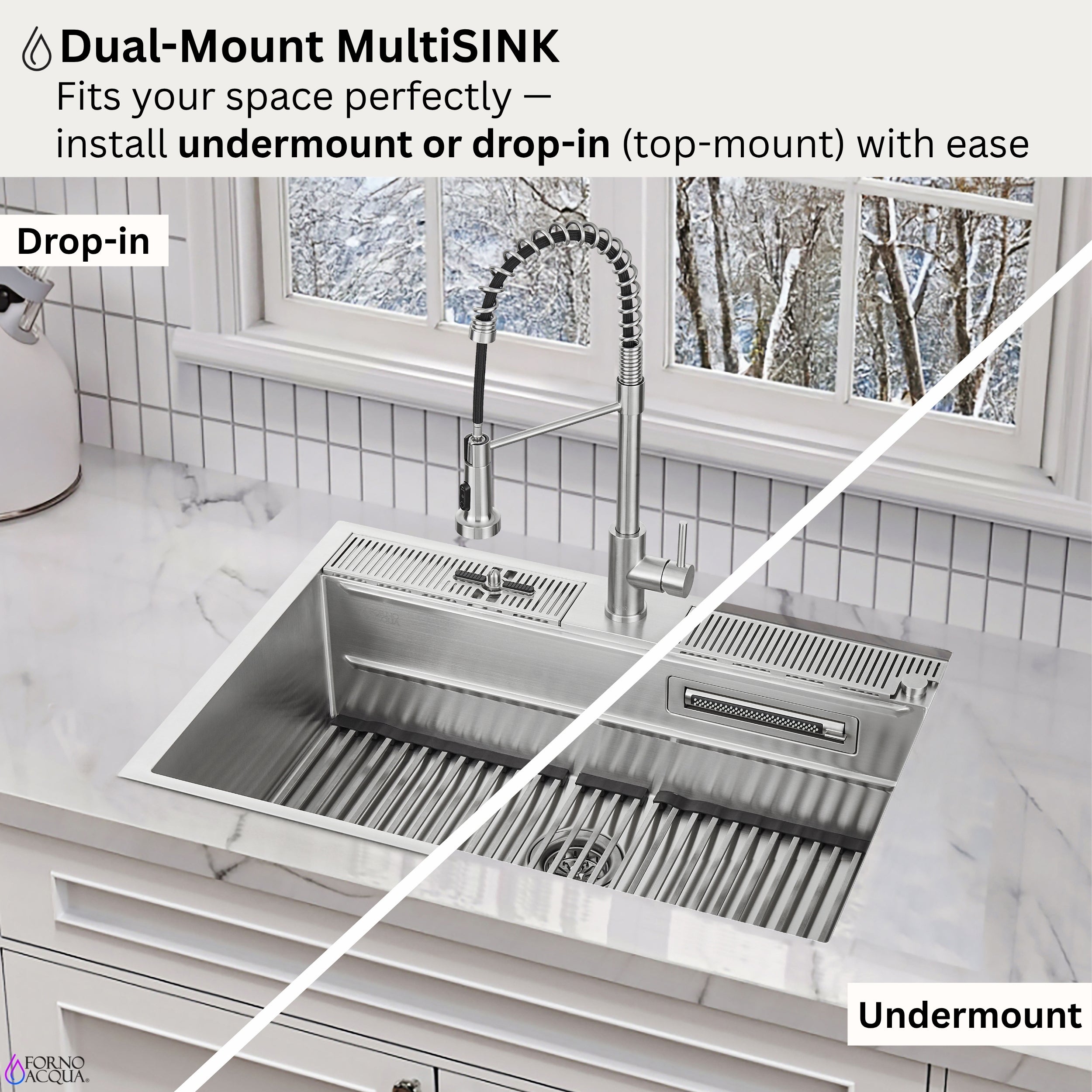 FORNO ACQUA 33 in. Drop-In/Undermount 40/60 Double Bowl Sink with Retractable Faucet & Waterfall