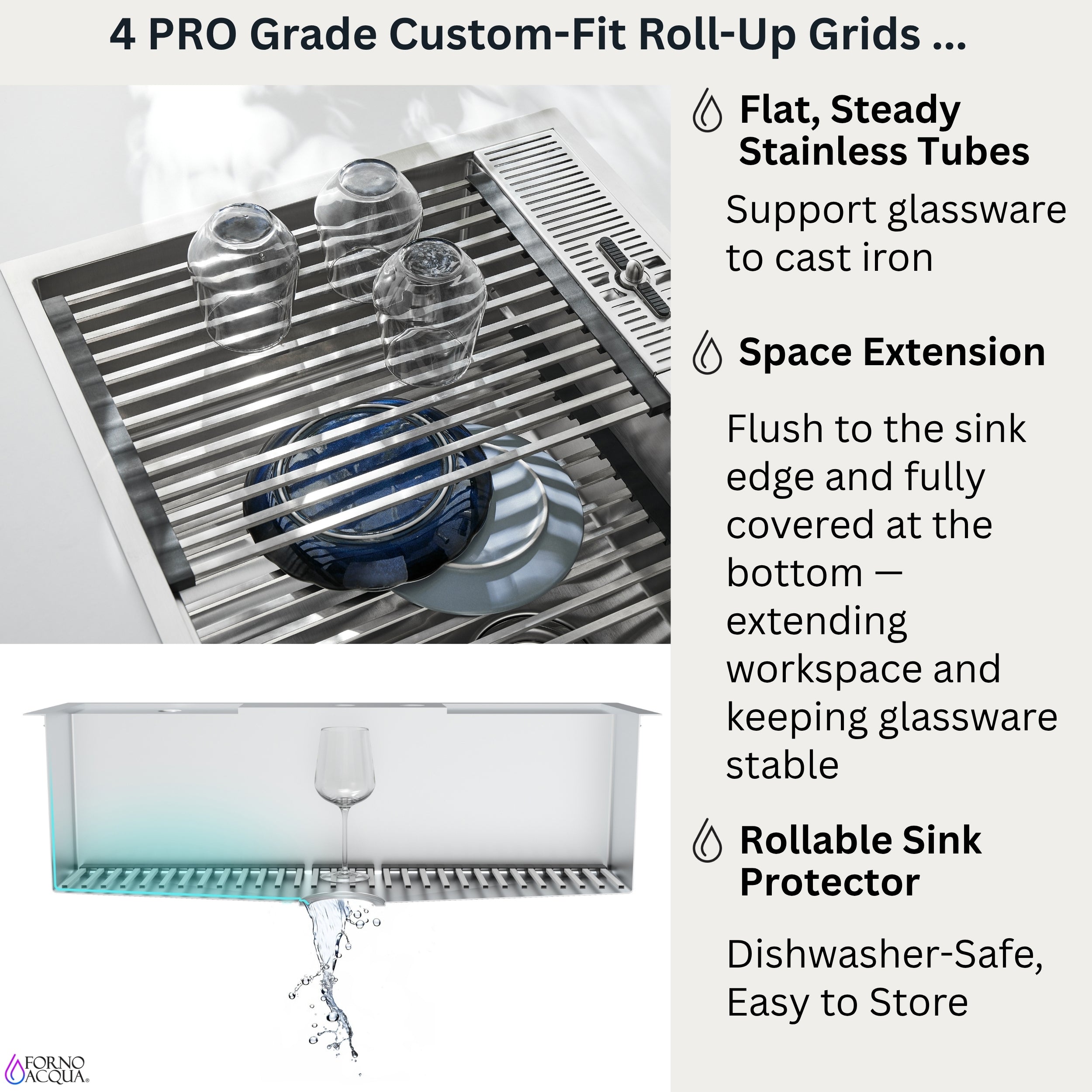 FORNO ACQUA 33 in. Drop-In/Undermount 3-Level Workstation Sink with Waterfall Faucet & Glass Rinser