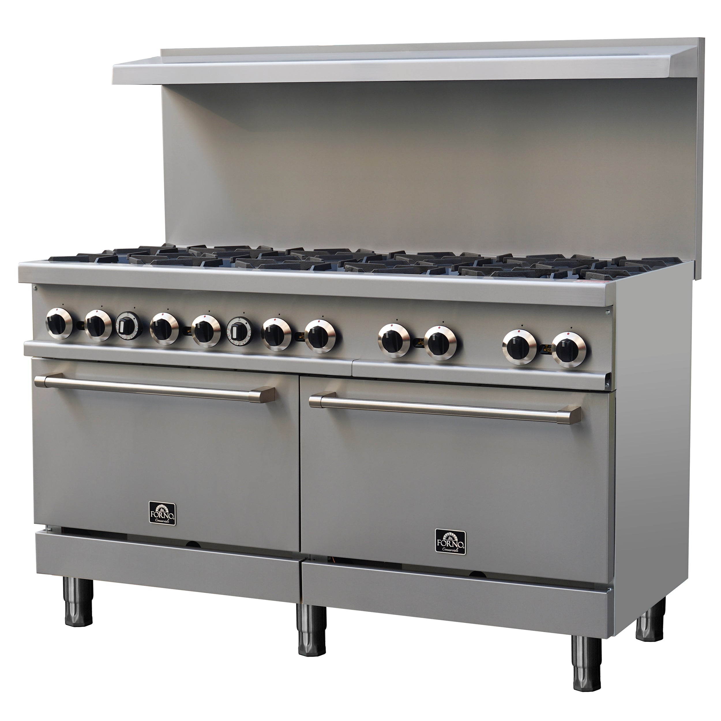 Forno Commerciale 60 Inch Stainless Steel Gas Range, 10 Burners 300,000 BTU Total, 9.3 cu.ft. Ovens