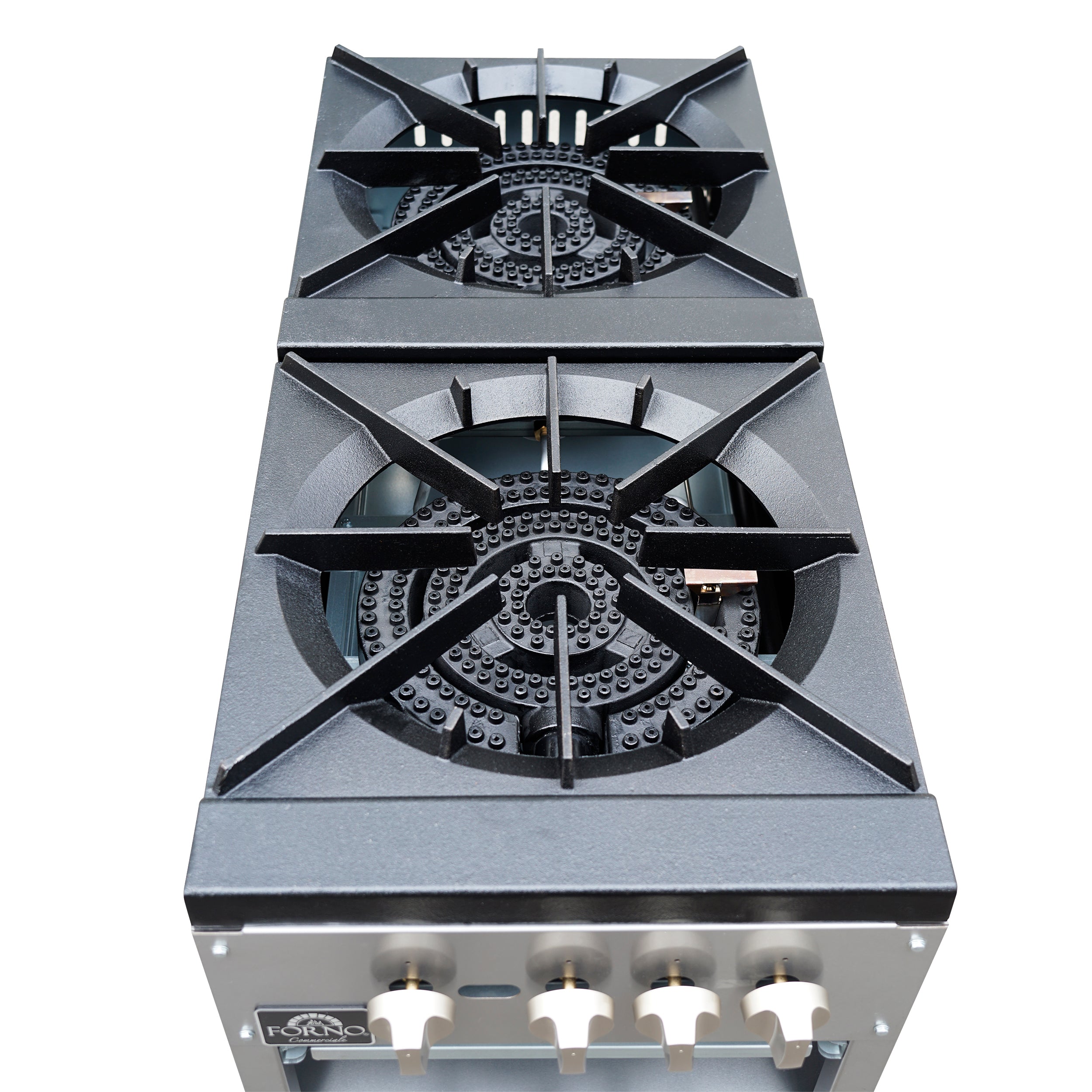 Forno Commerciale gas stock pot range, 2 powerful 3-ring burners, 160,000 BTU, durable stainless steel, heavy-duty cast iron grates