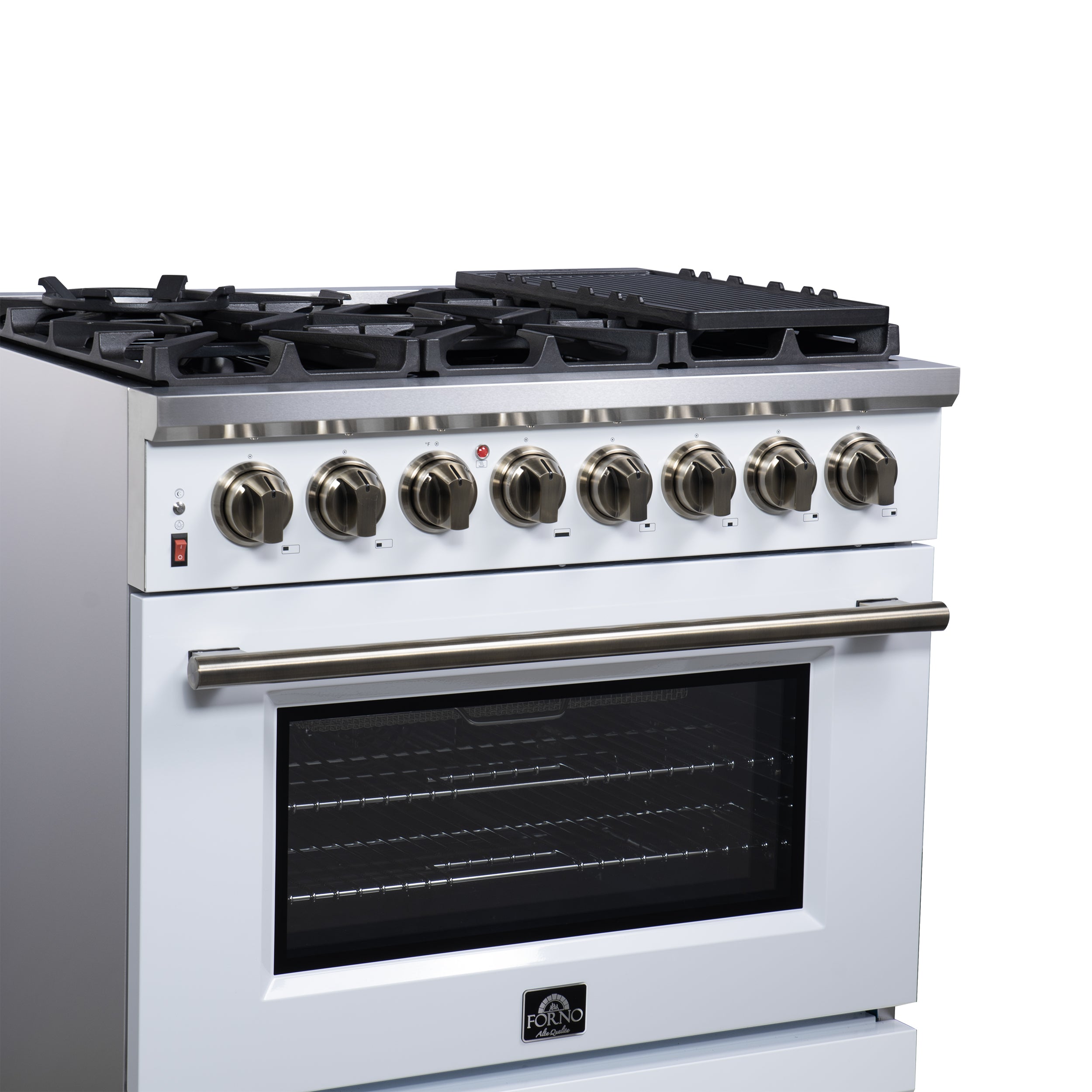 Forno Massimo 36 Inch Freestanding Dual Fuel Range in White with Antique Brass Accessories, 6 Burners, 5.36 cu. ft. Convection Oven