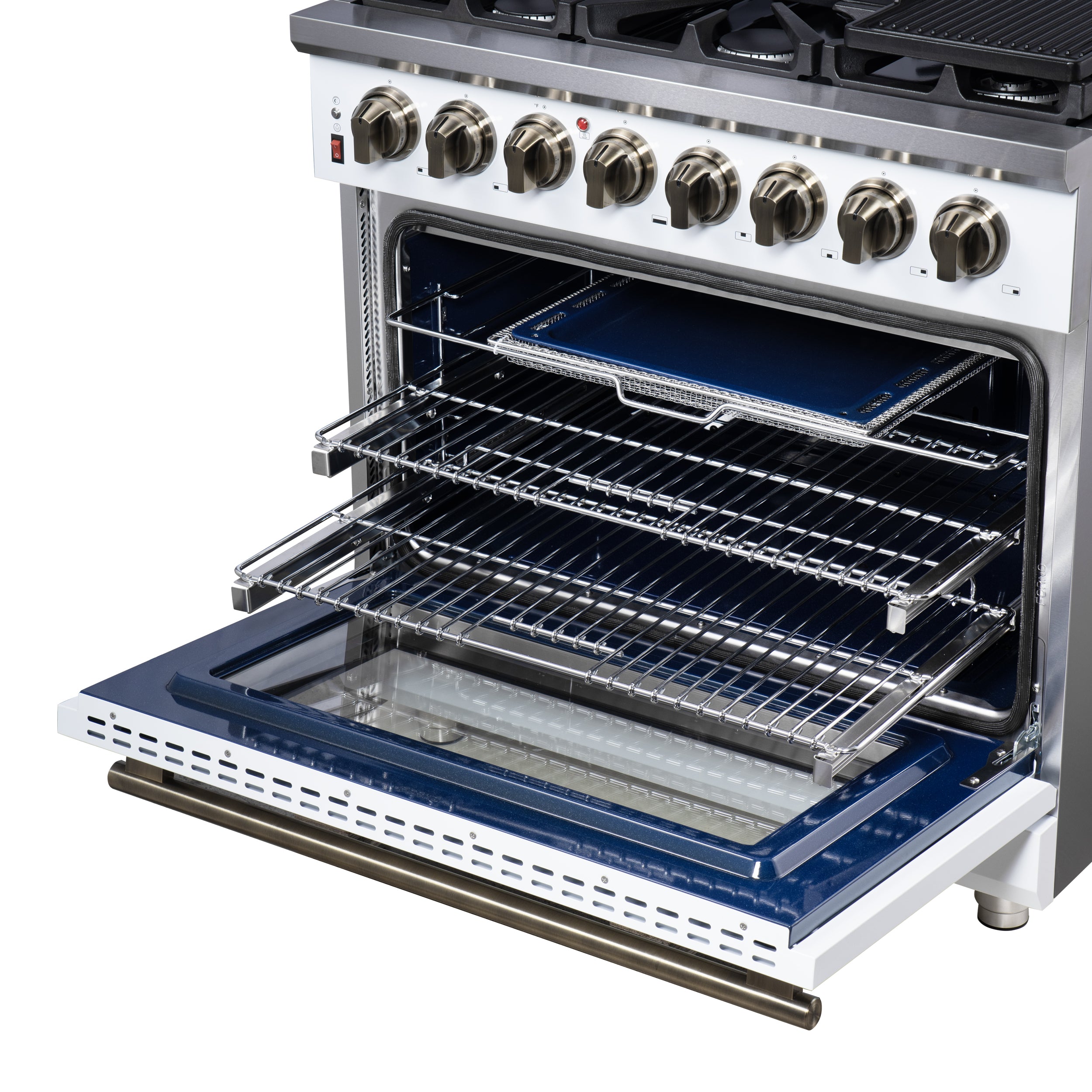 Forno Massimo 36 Inch Freestanding Dual Fuel Range in White with Antique Brass Accessories, 6 Burners, 5.36 cu. ft. Convection Oven