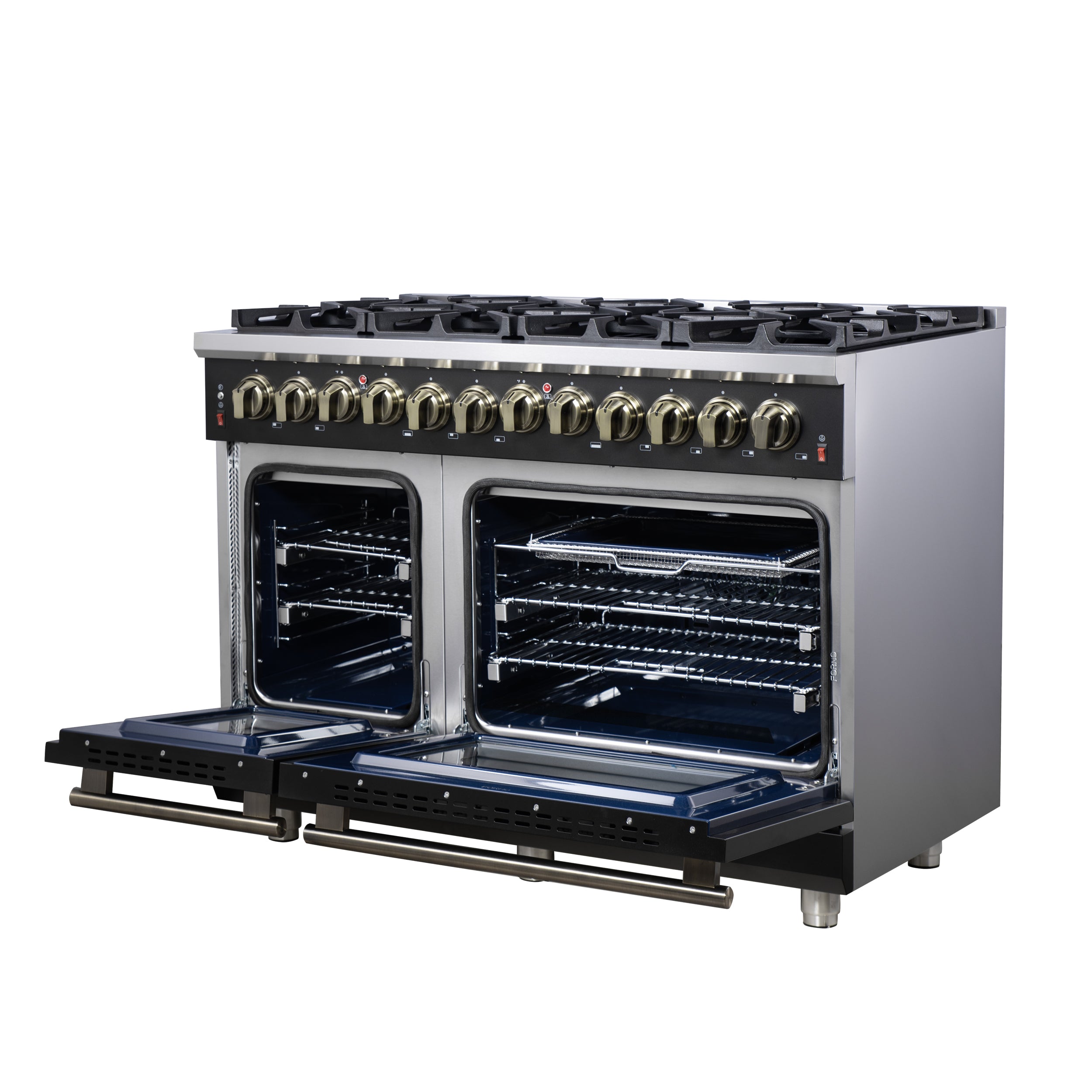 Forno Massimo 48 Inch Freestanding Dual Fuel Range in Black with Antique Brass Accessories, 8 Burners, 6.58 cu. ft. Convection Oven