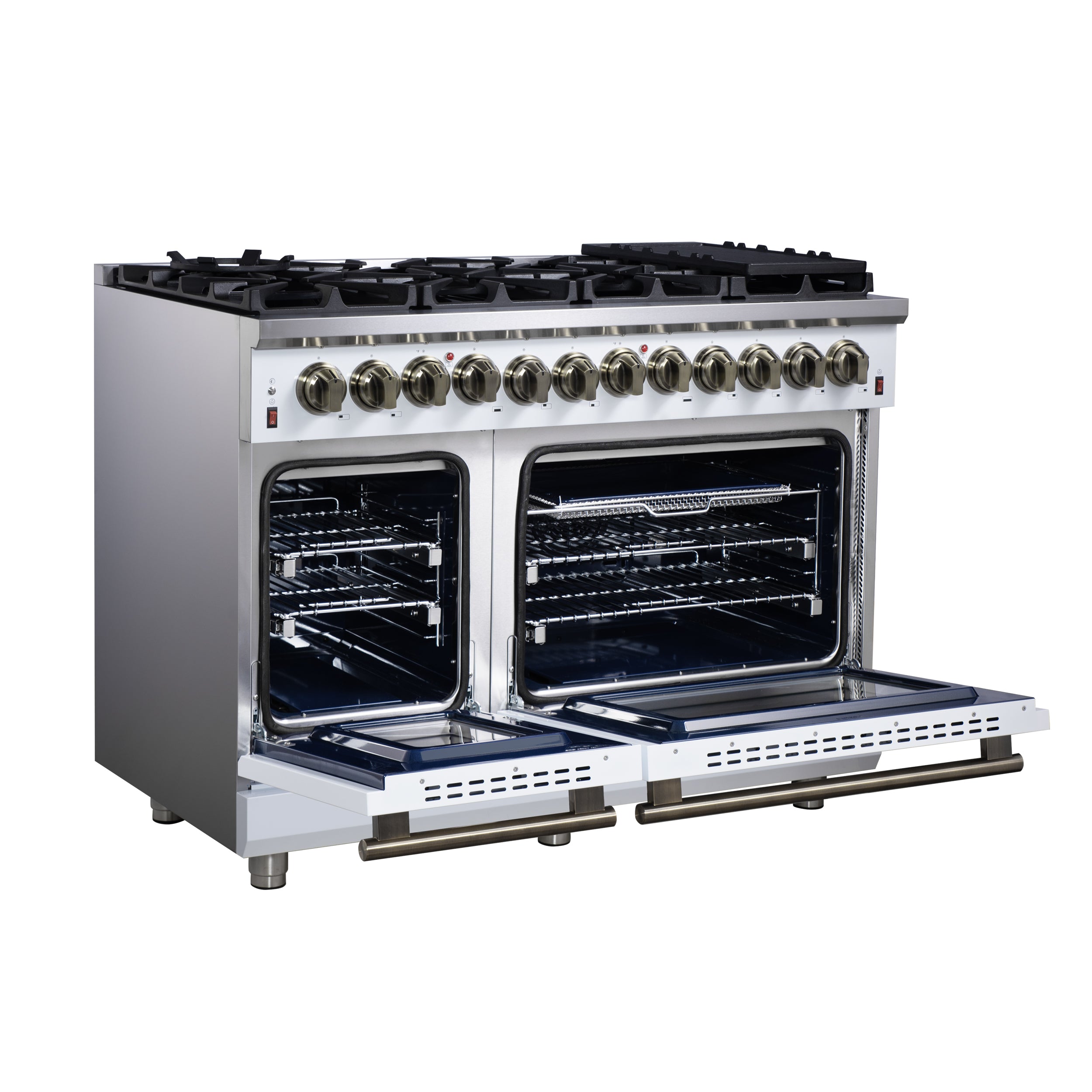 Forno Massimo 48 Inch Freestanding Dual Fuel Range in White with Antique Brass Accessories, 8 Burners, 6.58 cu. ft. Convection Oven