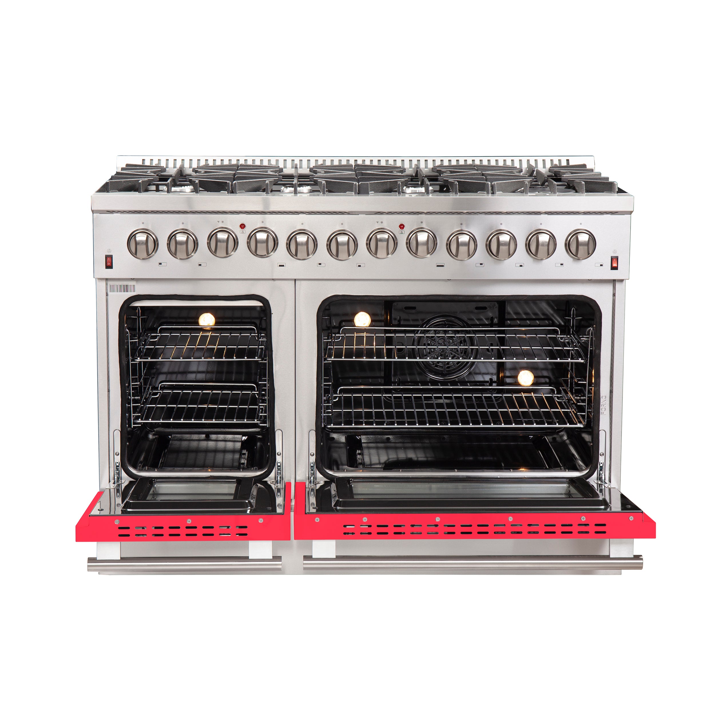 Forno Galiano 48-Inch Freestanding Dual Fuel Range, 8 Burners, Double Convection Ovens, Red Doors