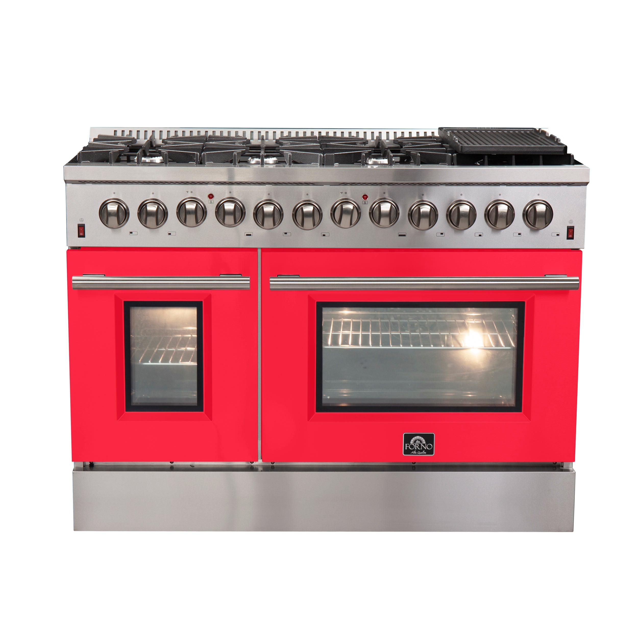 Forno Galiano 48-Inch Freestanding Dual Fuel Range, 8 Burners, Double Convection Ovens, Red Doors