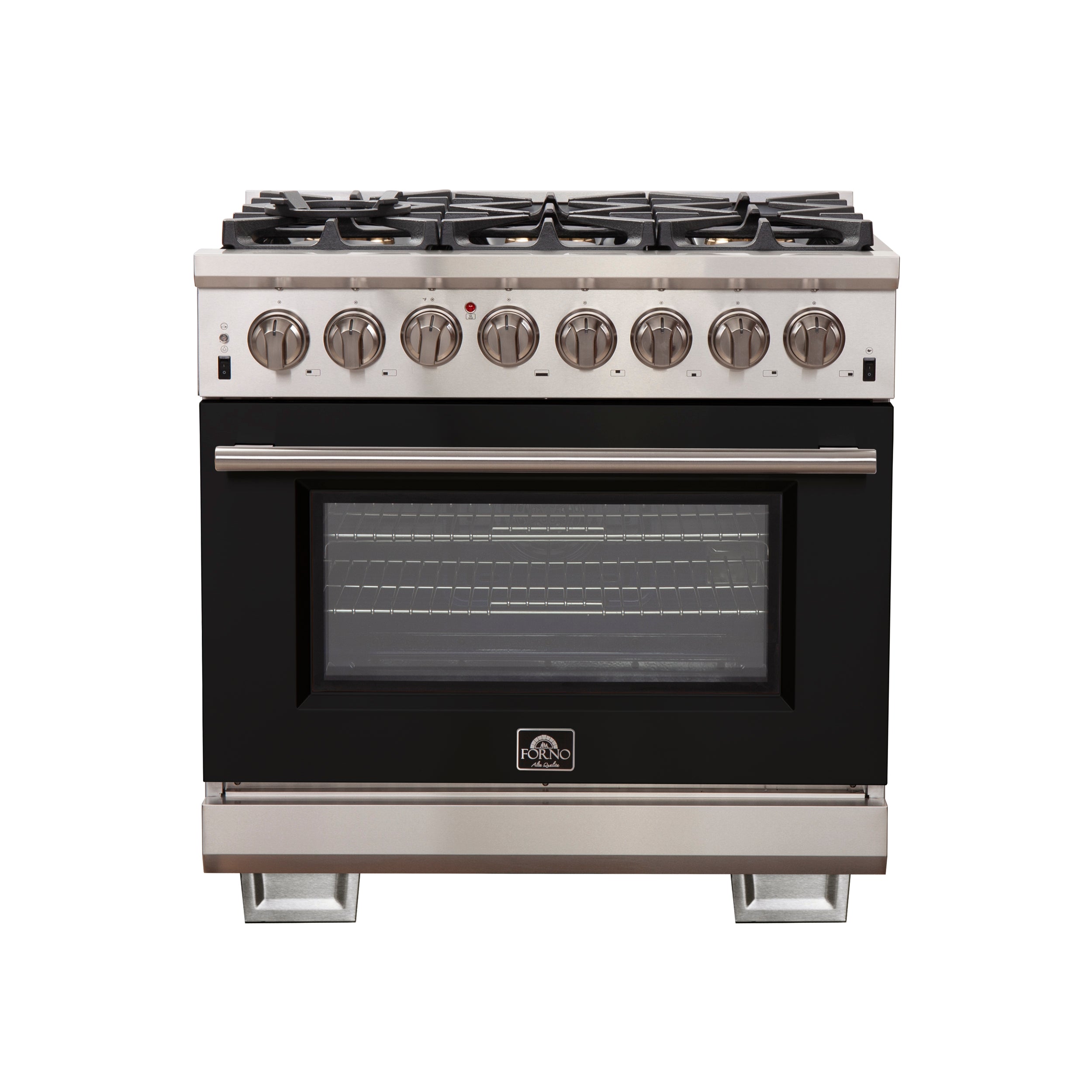 Forno Capriasca 36-Inch Freestanding Dual Fuel Range, 6 Burners, True Convection Oven, Black Door
