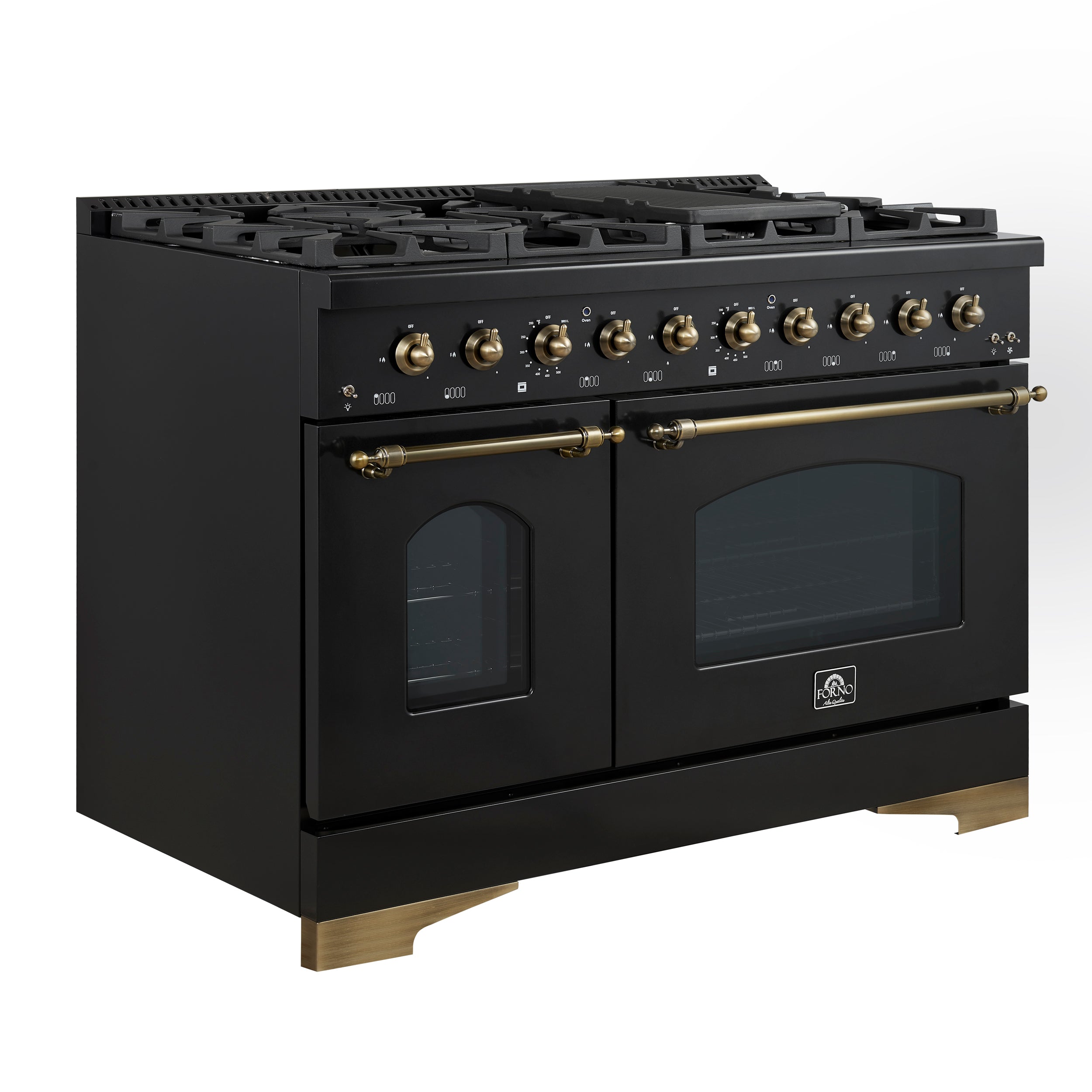 Forno Antico 48-Inch Dual Fuel Range, Black with Antique Brass Finish, 8 Burners, 94,000 BTU, 5.5 cu.ft. Double Ovens & Griddle
