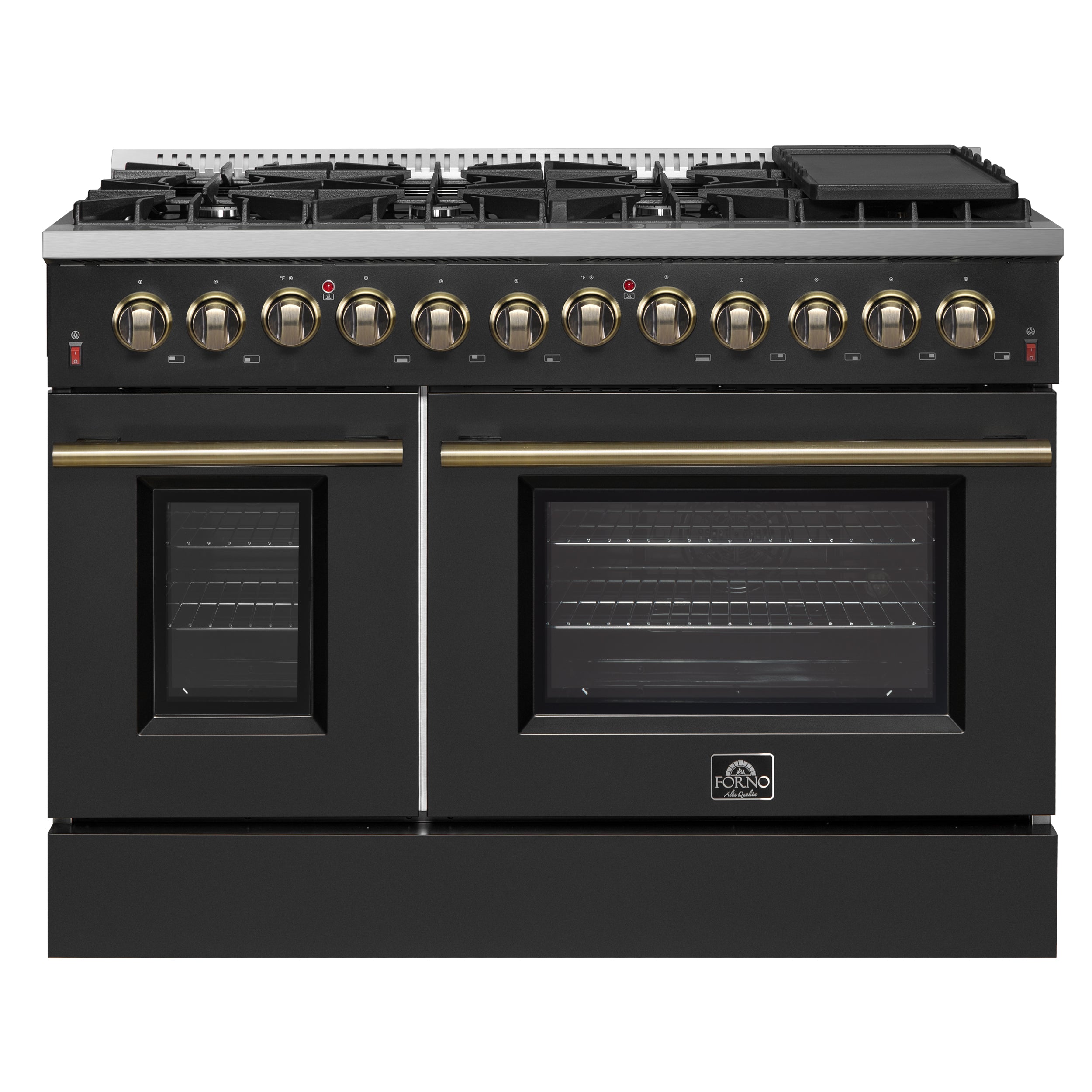 Galiano 48-inch Dual Fuel Range Black & Antique Brass Design with 8 Sealed Burners 107,000 BTU, 6.58 cu. ft. double ovens & Griddle