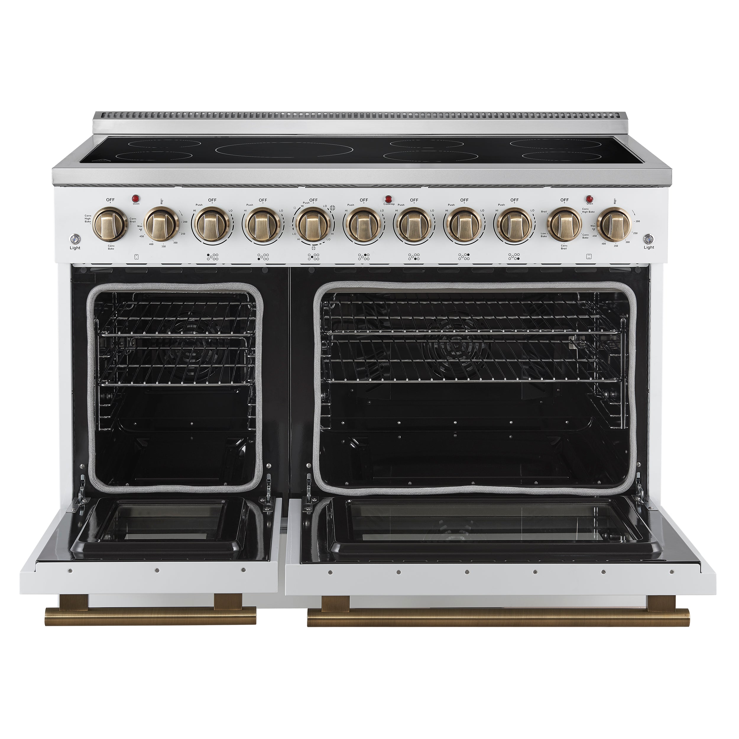 Forno Paolo 48 Inch Freestanding Electric Range in White with Antique Brass, 6.7 cu.ft, True Convection Oven, Energy Efficient