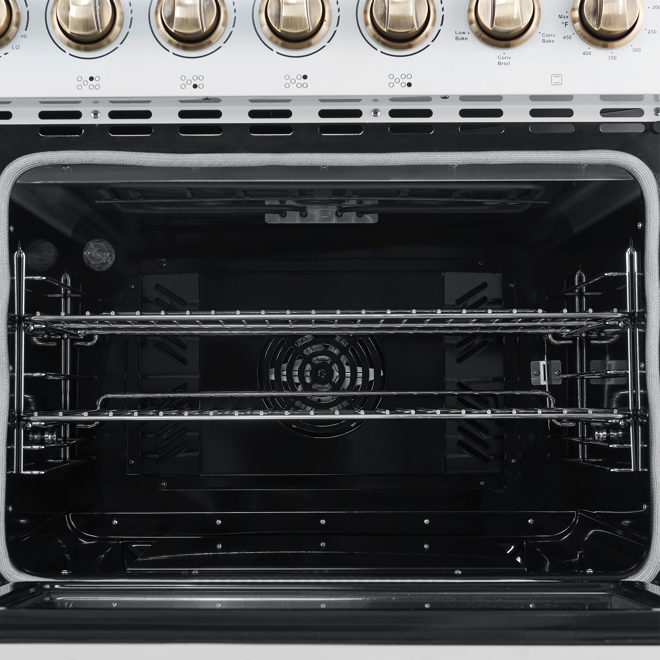 Forno Paolo 48 Inch Freestanding Electric Range in White with Antique Brass, 6.7 cu.ft, True Convection Oven, Energy Efficient