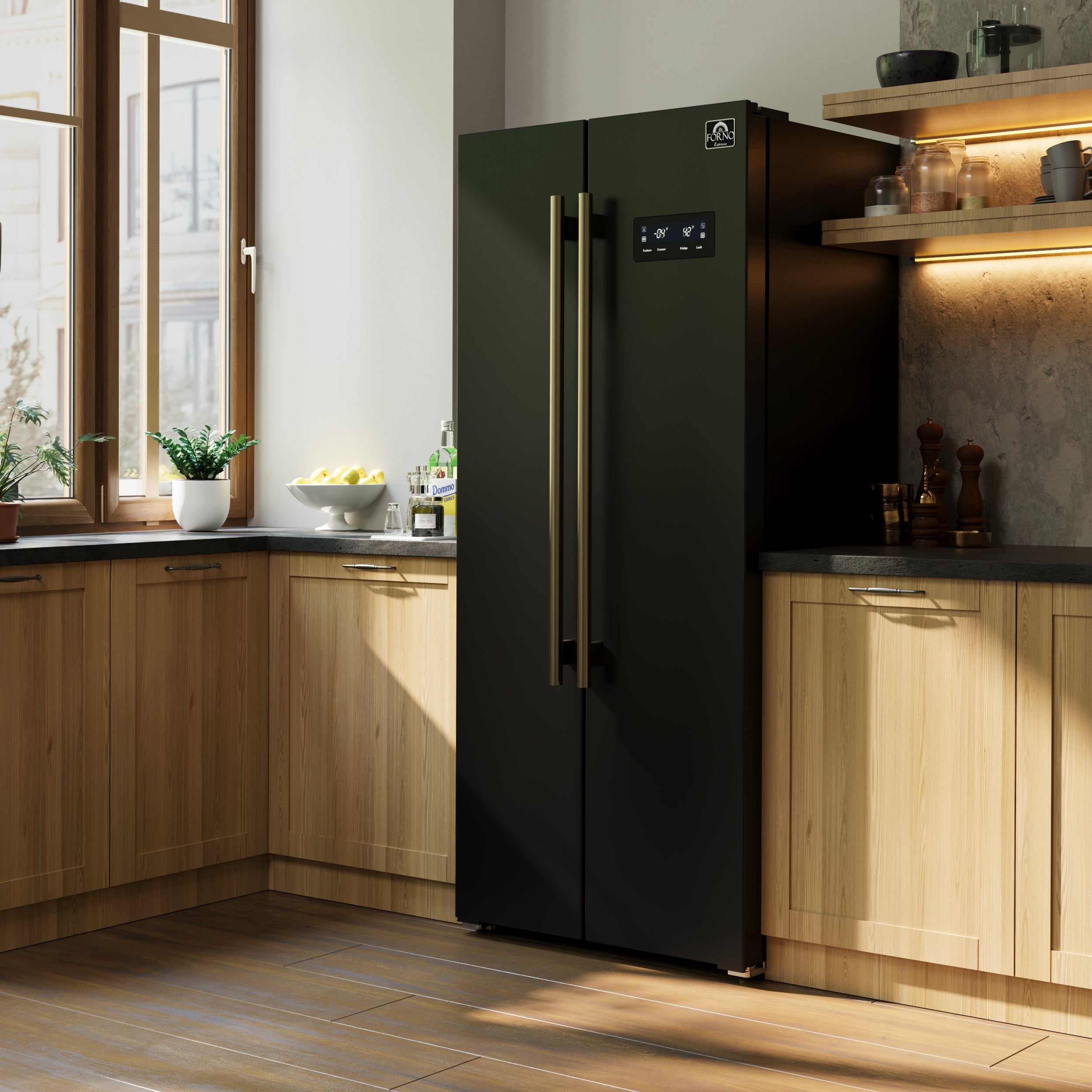 Forno Salerno Espresso 33-Inch Black Side-by-Side Refrigerator, 15.6 Cu. Ft., Energy-Efficient, No Frost, Modern Design