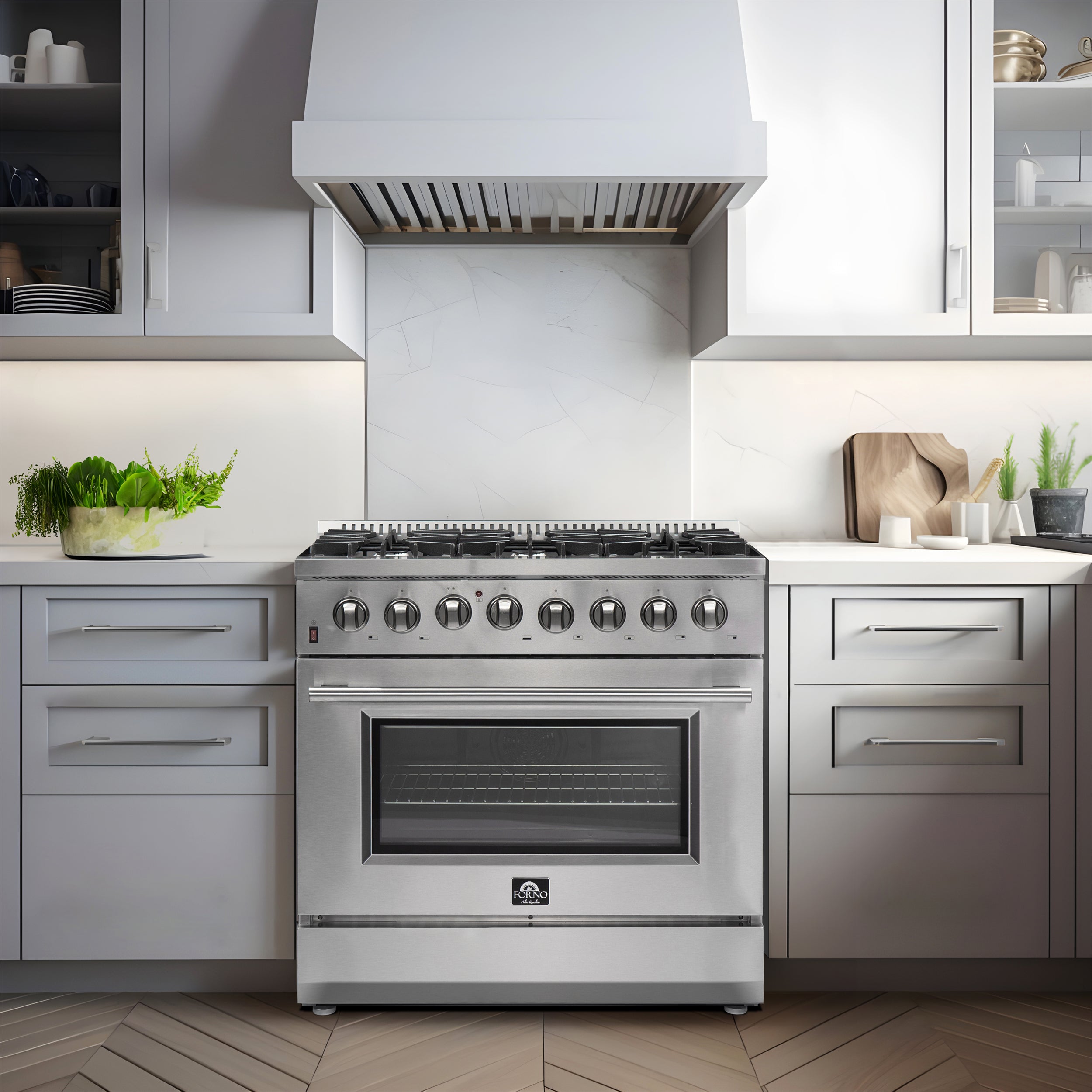 FORNO Premium 3-Piece Kitchen Bundle - Galiano 36" Dual Fuel Range, 36" French Door Refrigerator, 24" Built-In Dishwasher - FBDL-004-02CAUS