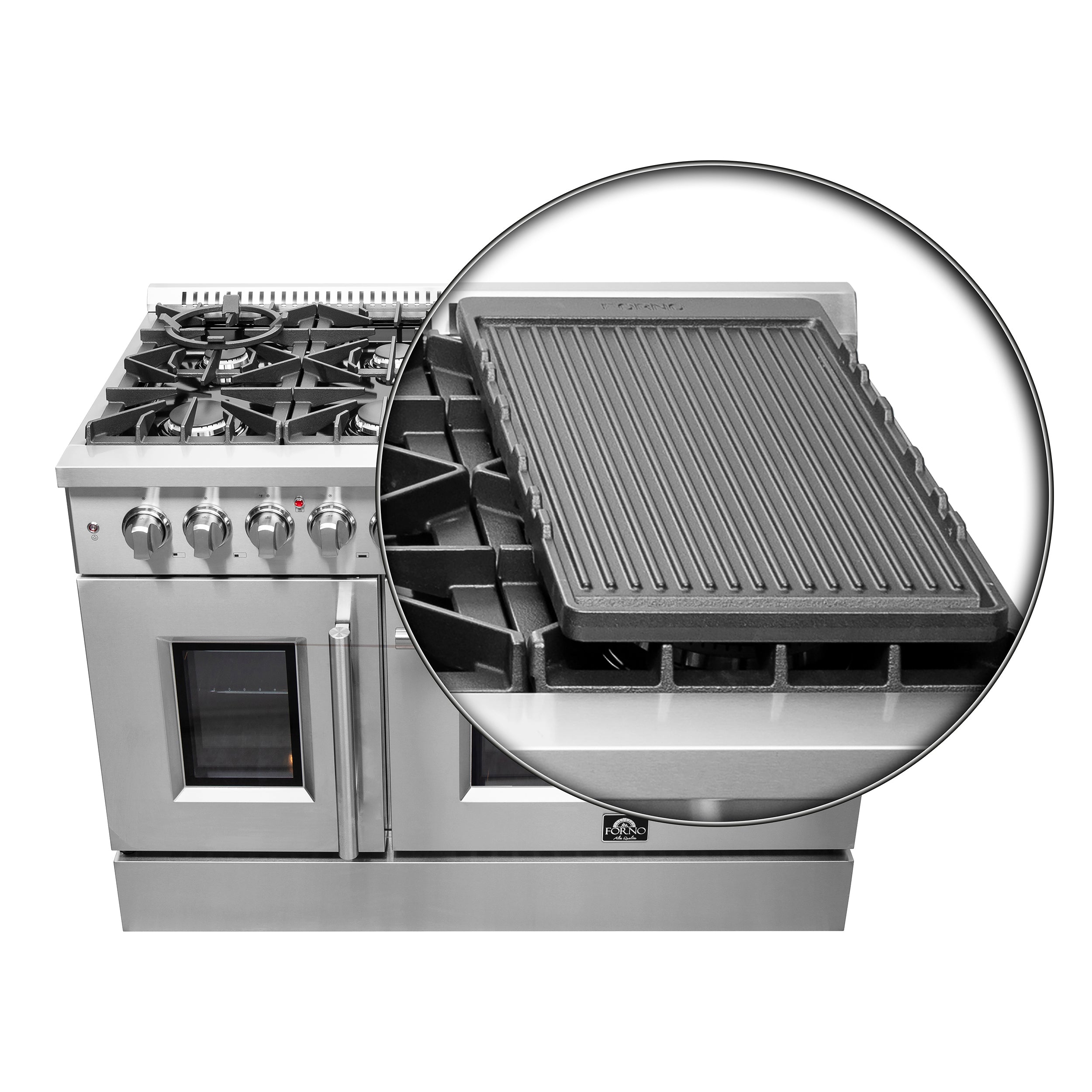 FORNO Galiano 48-Inch French Door Dual Fuel Range All Stainless Steel, 8 Sealed Burners, 107,000 BTU, Griddle, 6.58 cu.ft. Double Ovens