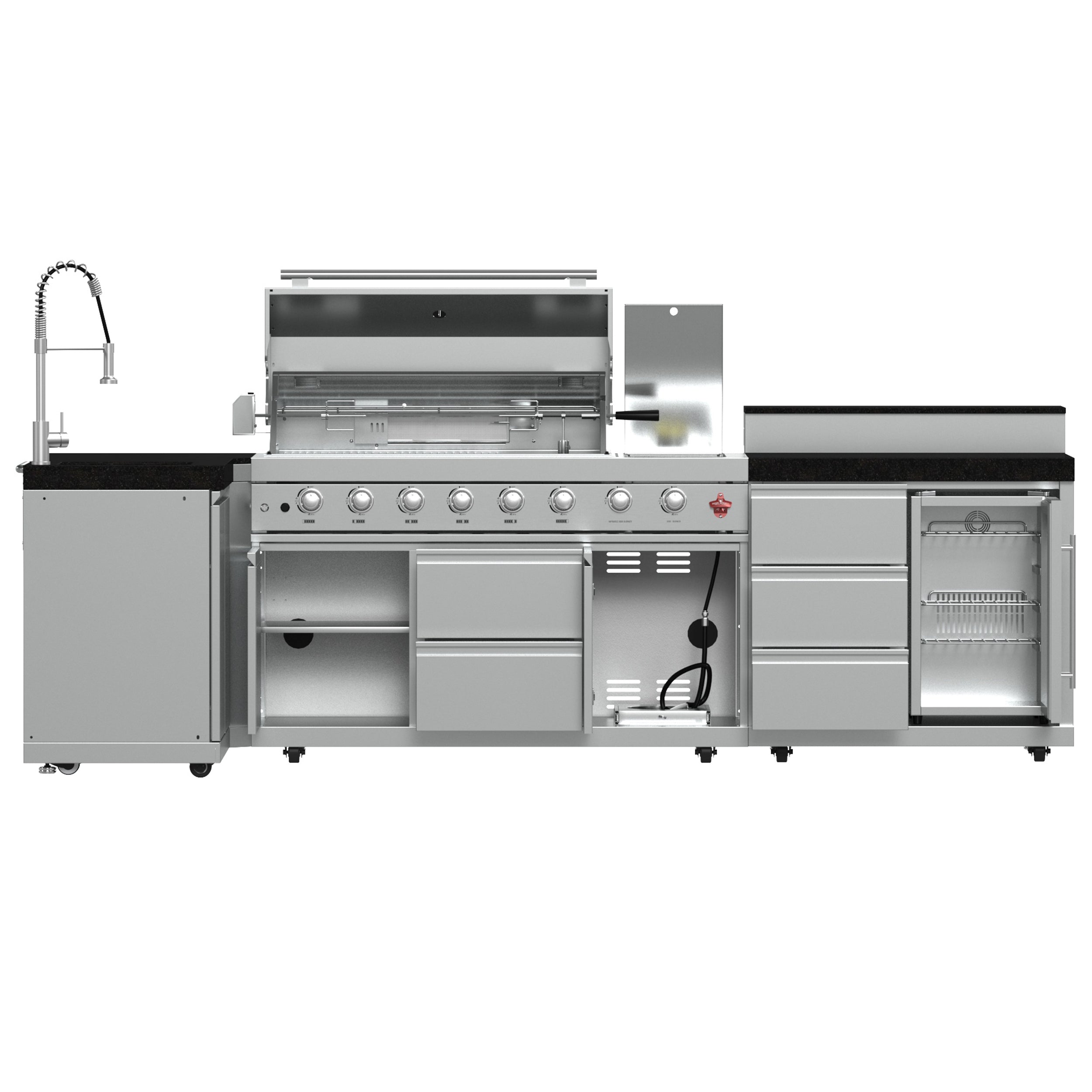 FORNO Bulnes 40-Inch BBQ, 95,000 BTU, 5 Burners, Sear & Rotisserie Infrared with Side Burner, Stainless Steel Outdoor Kitchen with 1.8 cu.ft. Beverage Center & Black Granite Countertops