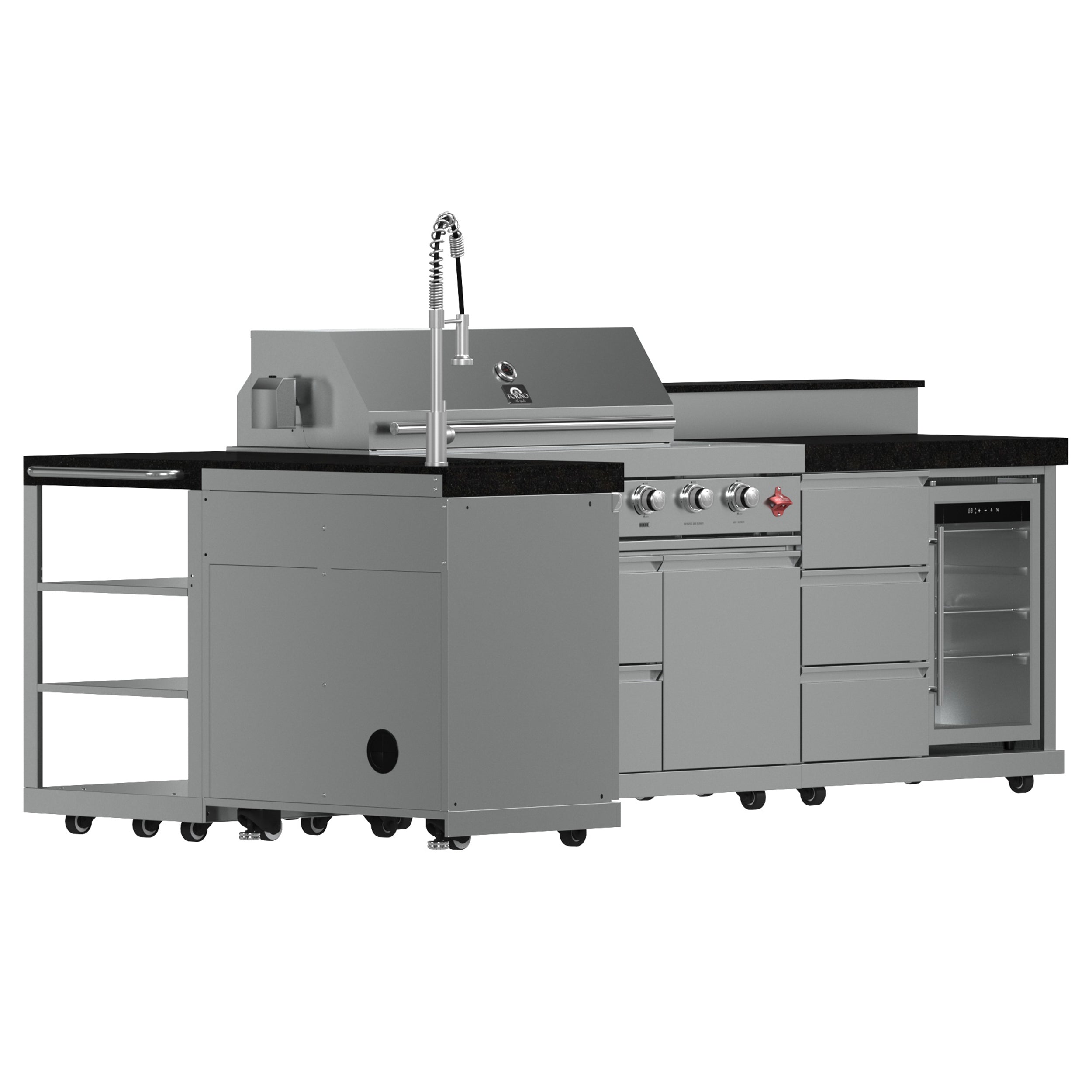 FORNO Bulnes 40-Inch BBQ, 95,000 BTU, 5 Burners, Sear & Rotisserie Infrared with Side Burner, Stainless Steel Outdoor Kitchen with 1.8 cu.ft. Beverage Center & Black Granite Countertops