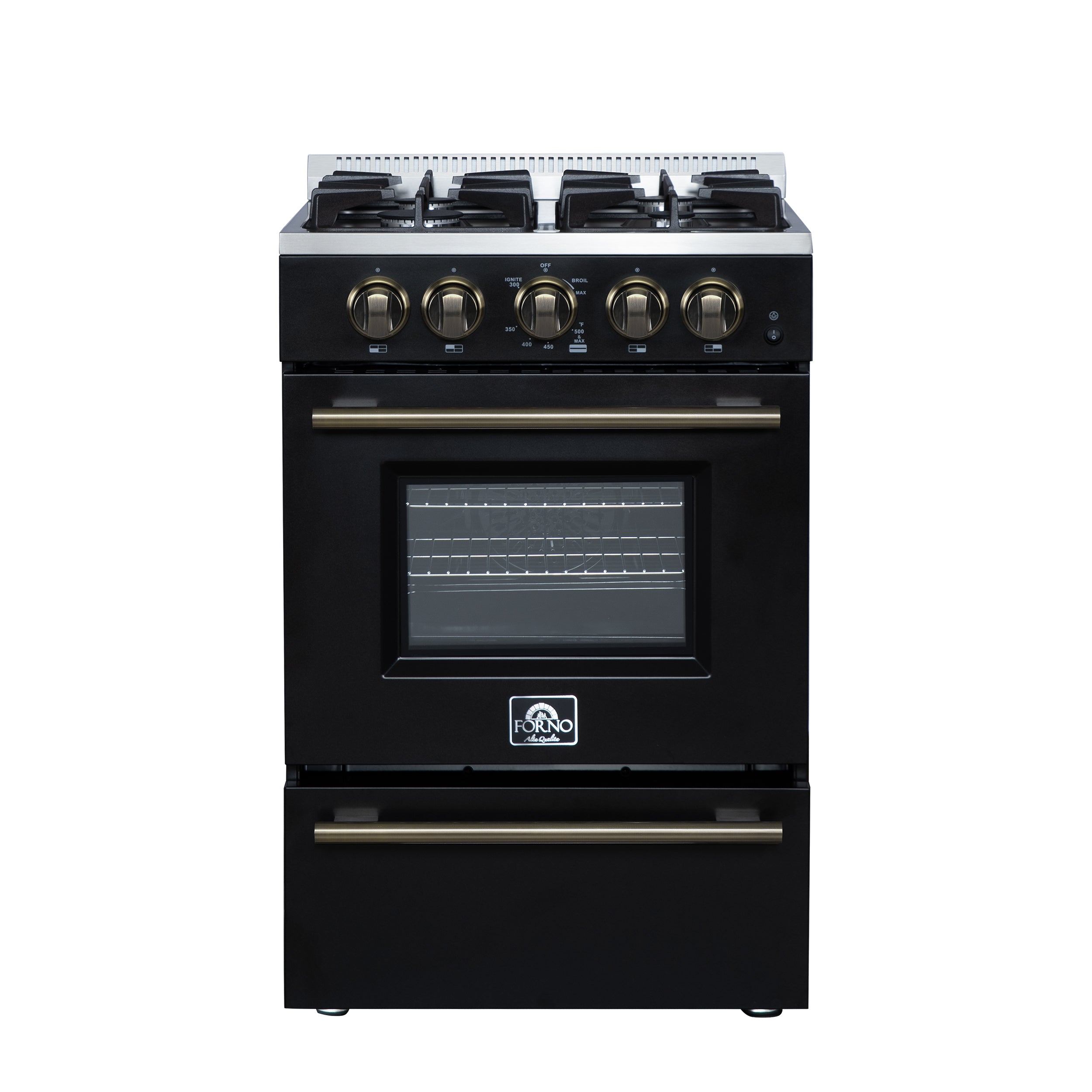 Forno Breno 24 Inch Freestanding Gas Range in Black with Antique Brass, Compact Design