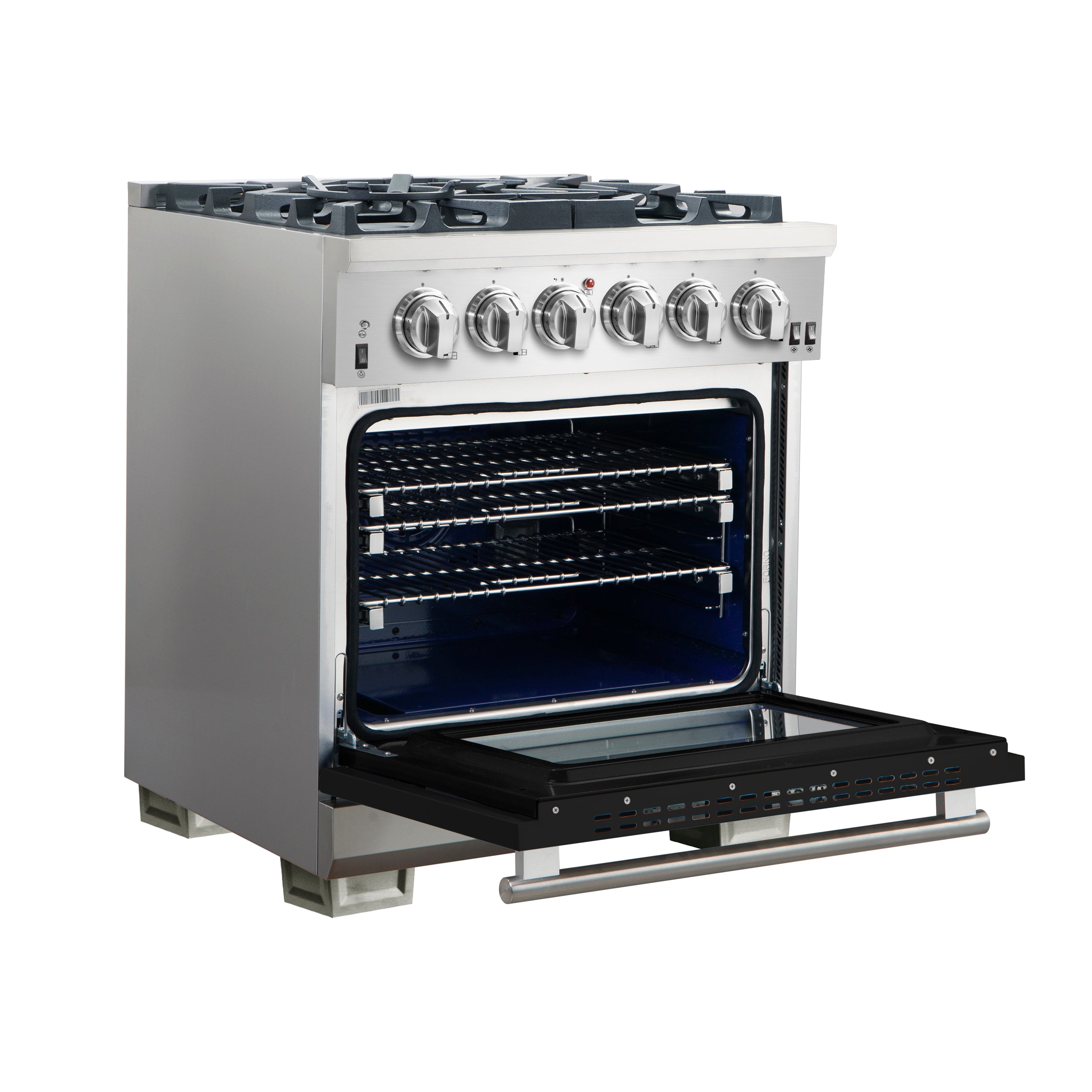 Forno Capriasca 30-Inch Freestanding Gas Range, 4 Burners, True Convection Oven, Black Door