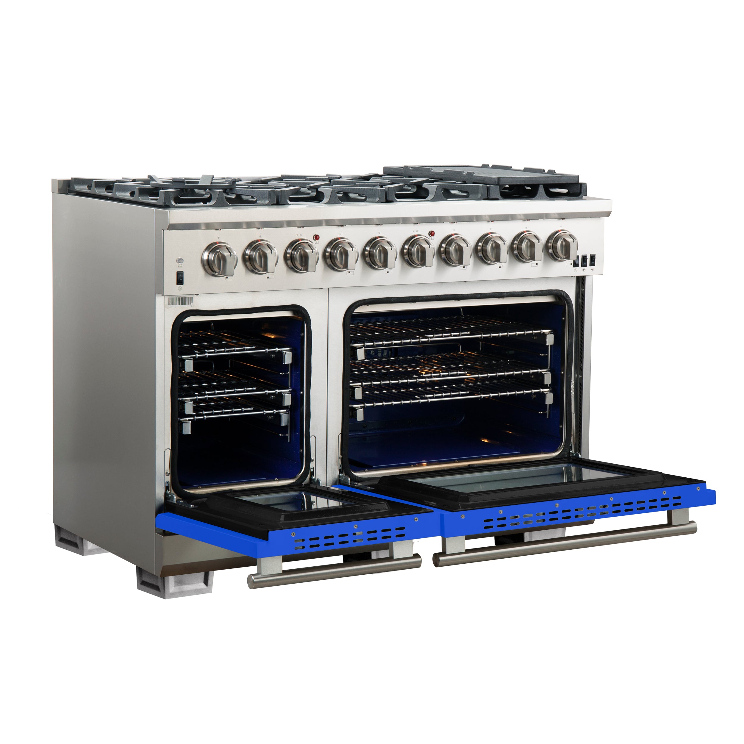 FORNO Capriasca 48-inch Gas Range Stainless Steel, 8 Brass Burners 160,000 BTU, 6.58 cu.ft. Double Oven, Blue Doors