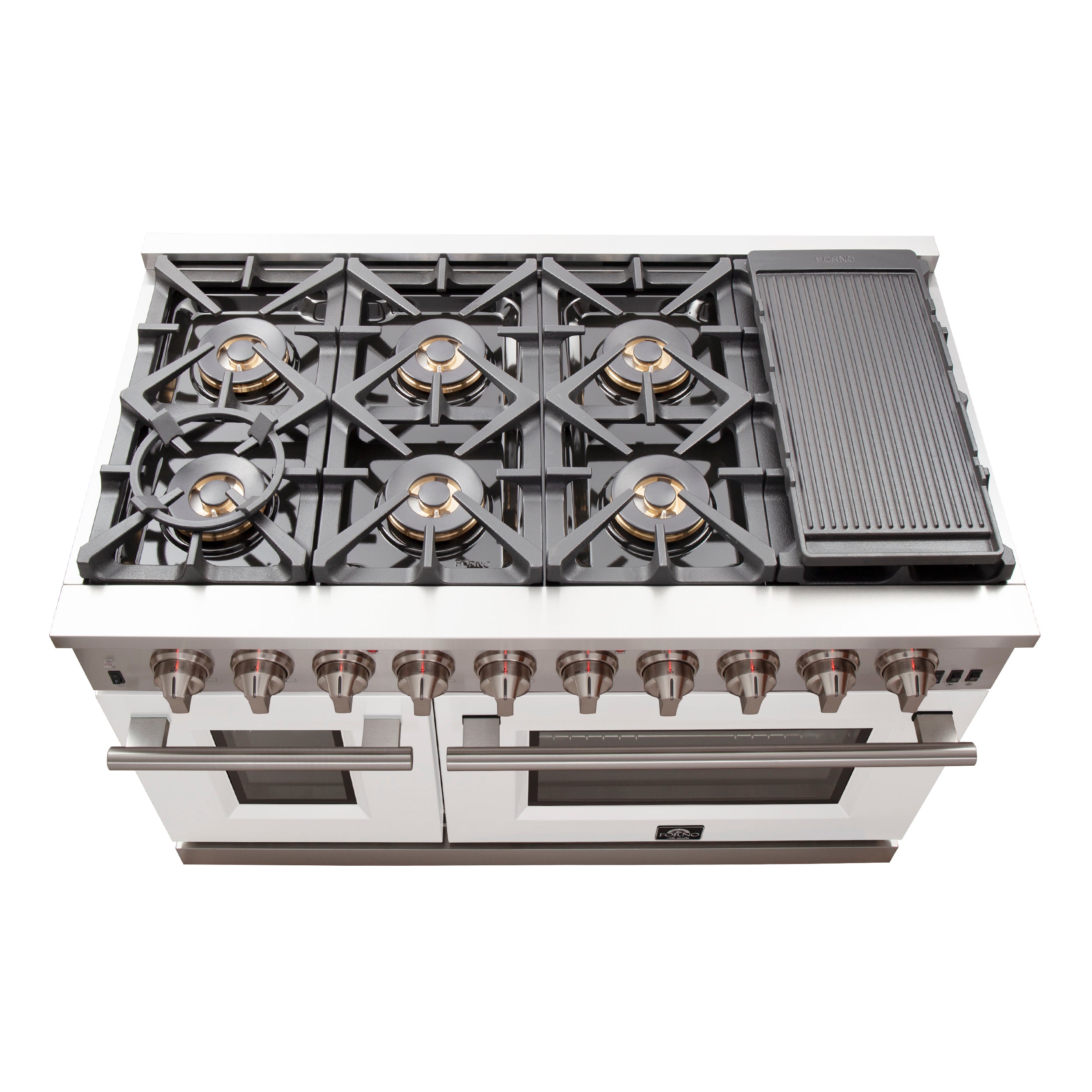 FORNO Capriasca 48-inch Gas Range Stainless Steel, 8 Brass Burners 160,000 BTU, 6.58 cu.ft. Double Oven, White Doors