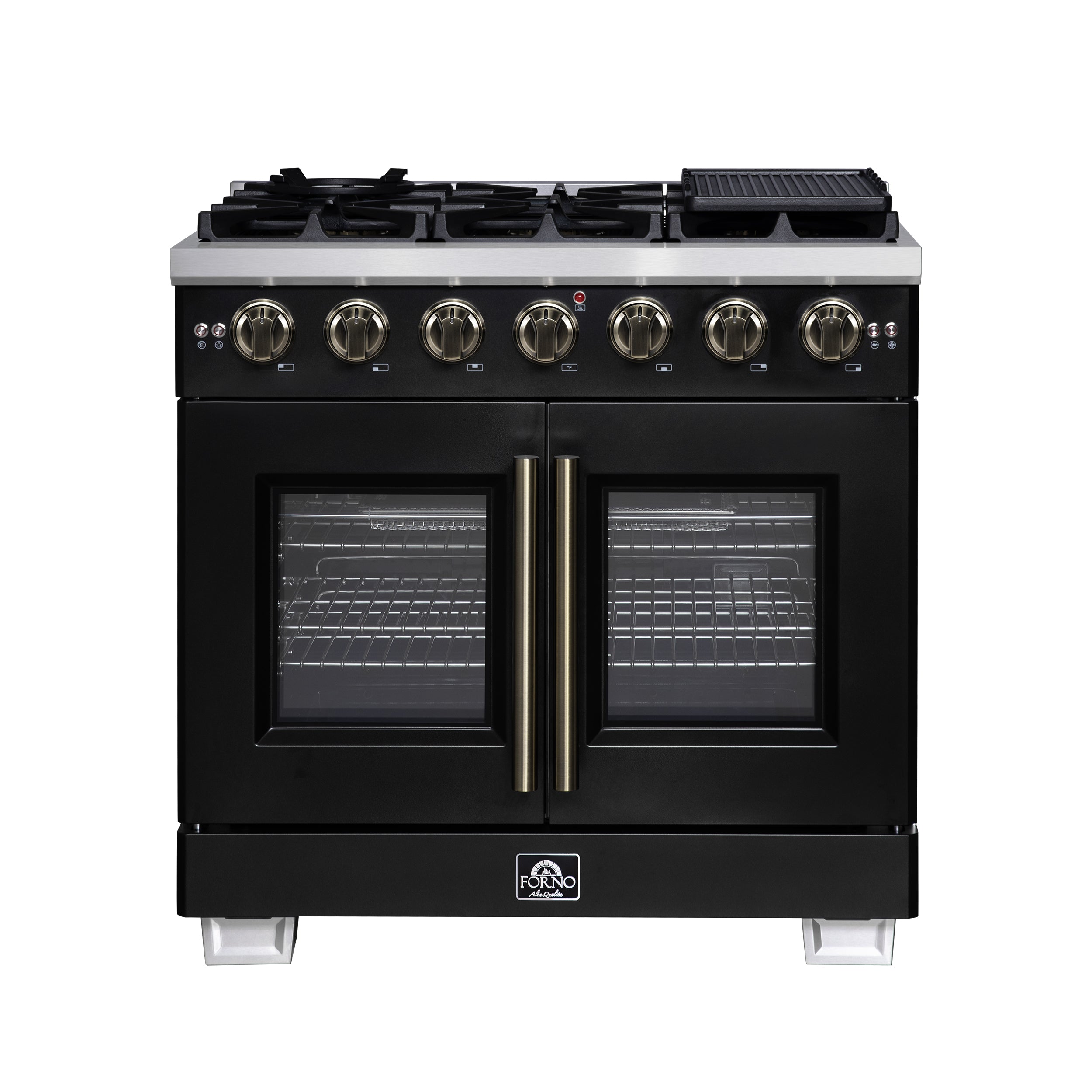 Forno Capriasca 36-Inch Black Freestanding French Door Gas Range, 6 Burners, Convection Oven, Energy Efficient