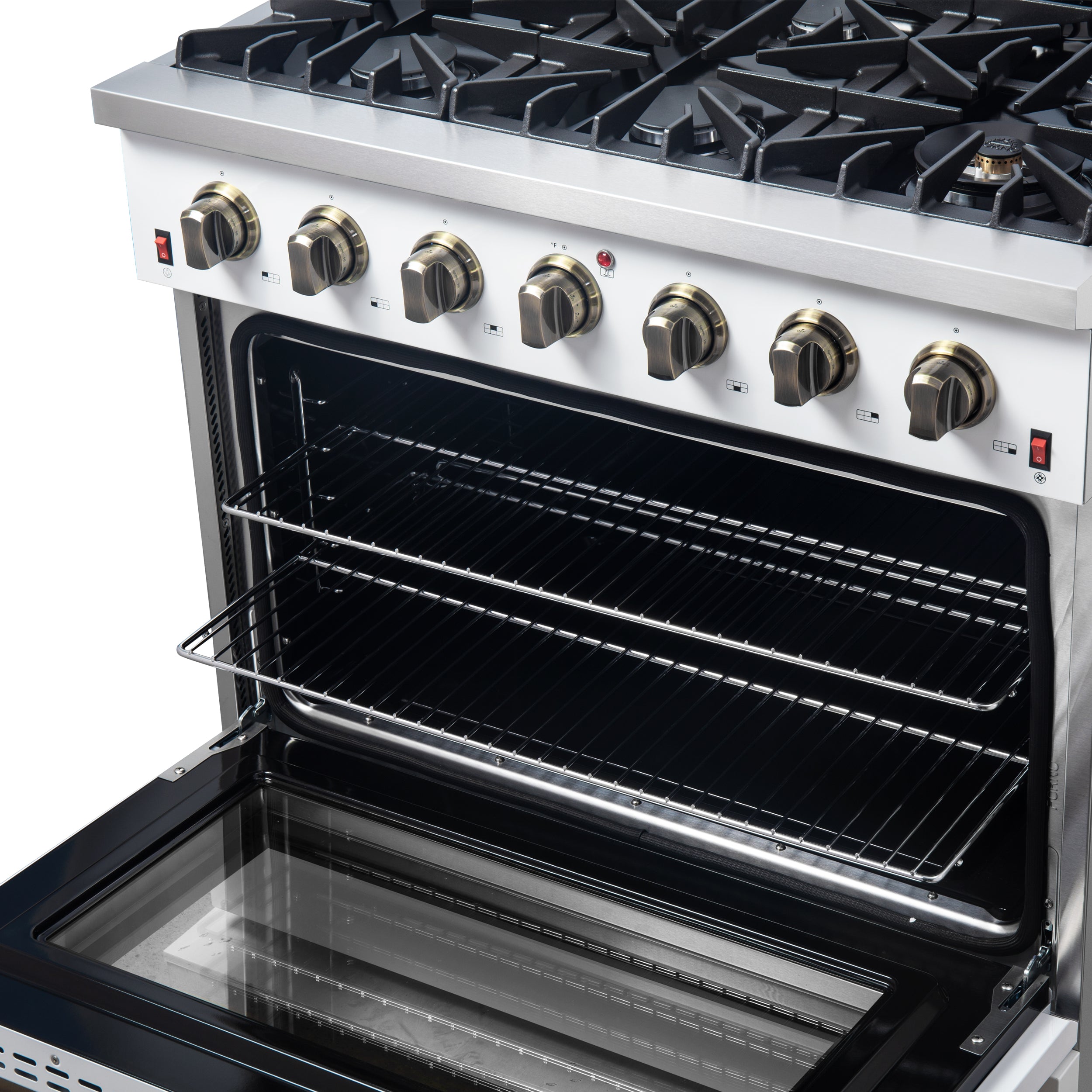 Forno Galiano 36-inch Freestanding Gas Range in White with Antique Brass Design, 6 Burners, 83,000 BTU, 5.36 cu.ft. Convection Oven