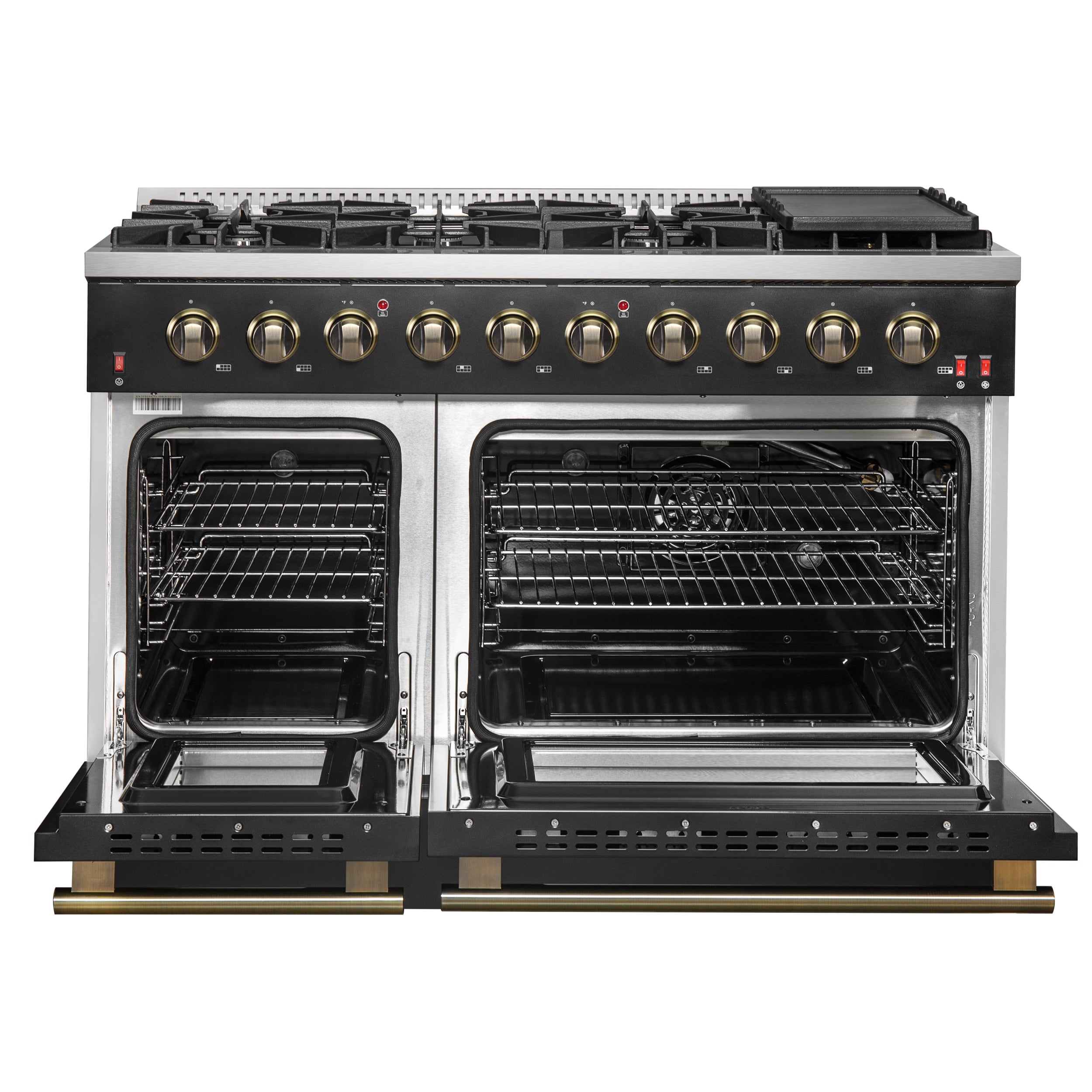 FORNO Galiano 48-inch Gas Range Black & Antique Brass Design, 8 Burners, 107,000 BTU, Griddle, 6.58 cu.ft. Double Ovens