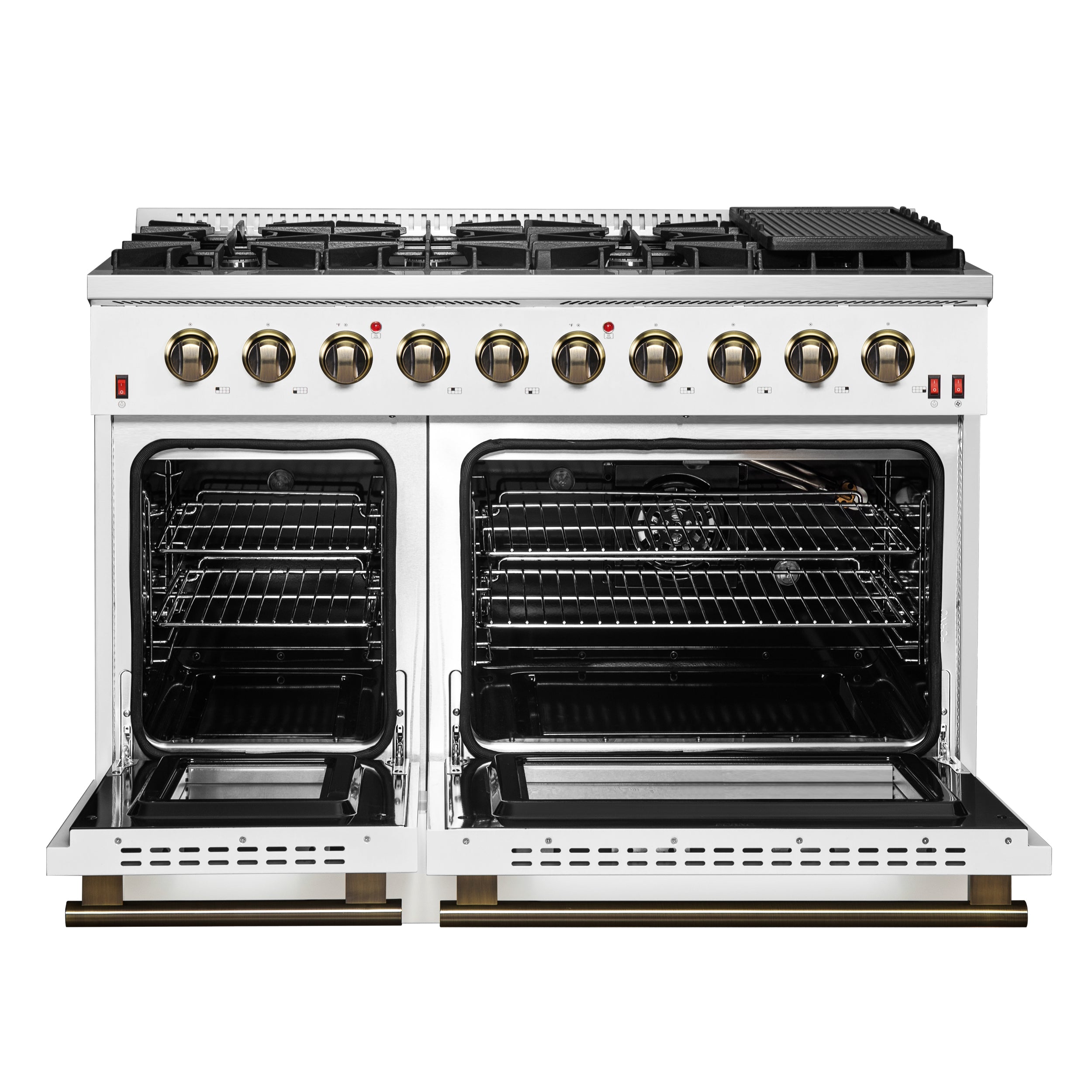 FORNO Galiano 48-inch Gas Range White & Antique Brass Design, 8 Burners, 107,000 BTU, Griddle, 6.58 cu.ft. Double Ovens