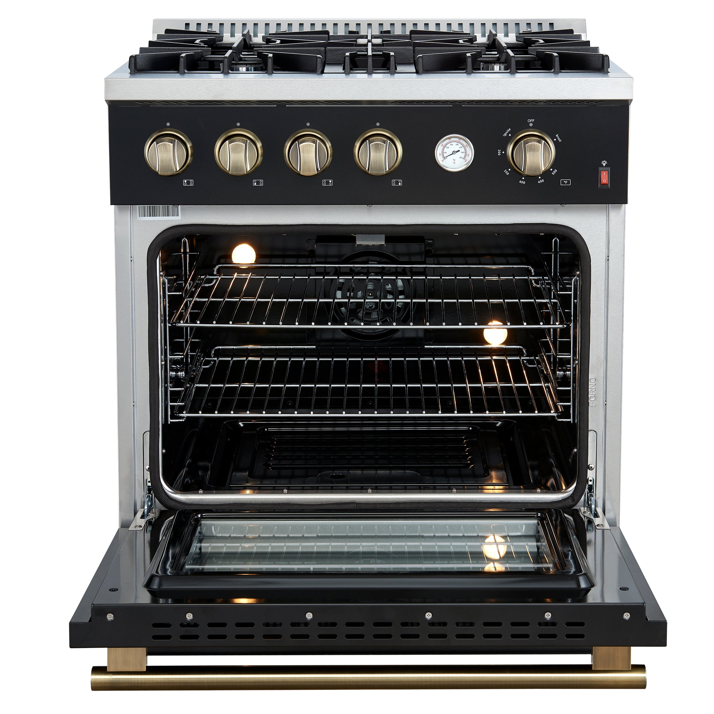 Marco 30-inch Gas Range Black & Antique Brass Design, 4 Burners 37,000 BTU, 4.32 cu.ft. Convection Oven