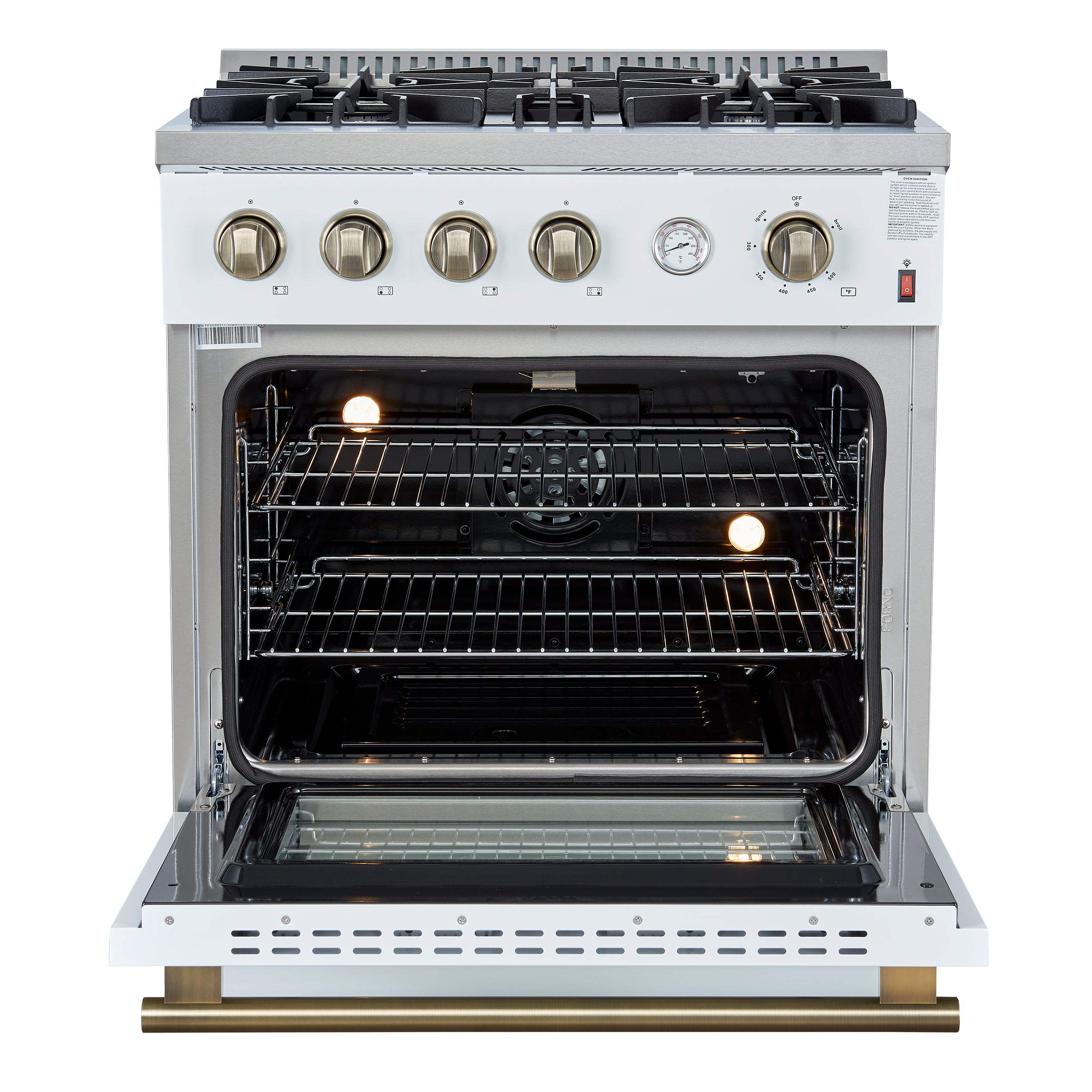 Marco 30-inch Gas Range White & Antique Brass Design, 4 Burners 37,000 BTU, 4.32 cu.ft. Convection Oven