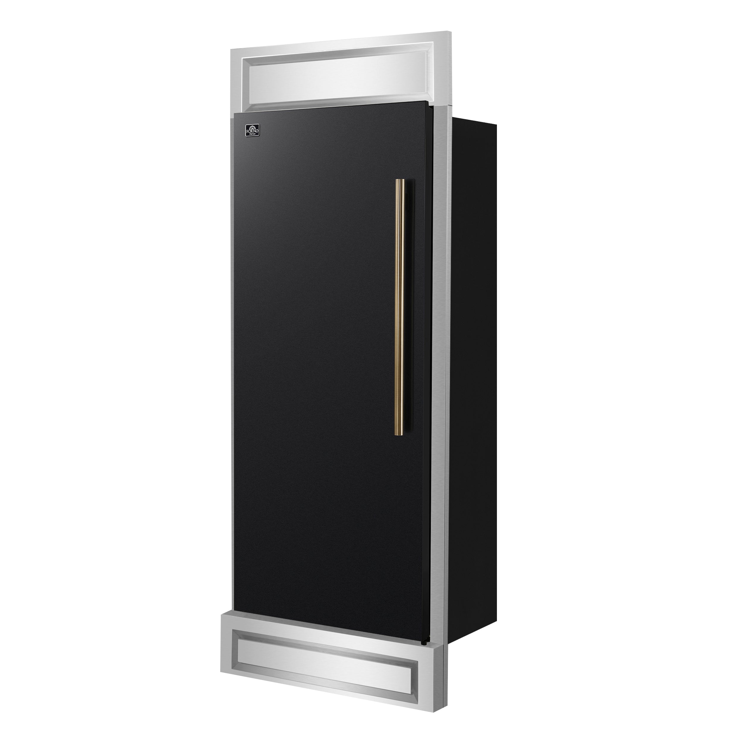 Forno Maderno 28-Inch Built-In Convertible Refrigerator in Black with Antique Brass, 13.6 cu.ft, Left Swing, Decorative Grill, ENERGY STAR Certified