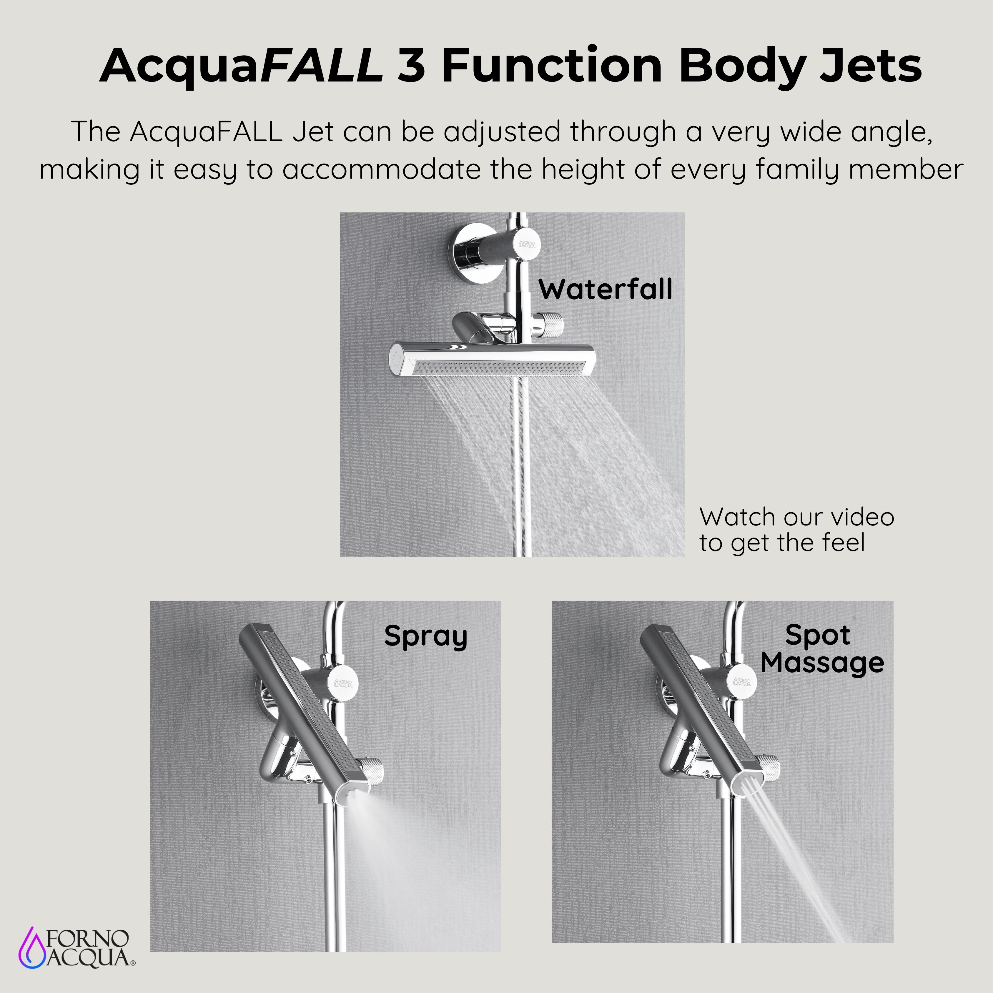 Forno Acqua AcquaFALL Shower, Polished Stainless Steel Finish, Overhead Rainfall Shower, Handheld Shower Head, Body Jets, 2.5 GPM Flow Rate