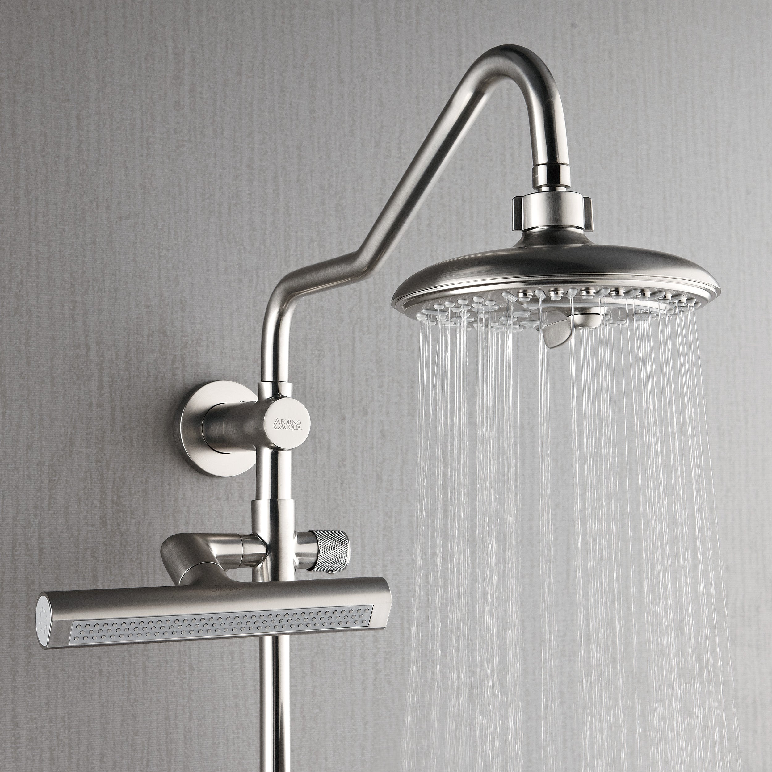 Forno Acqua AcquaFALL Shower, Brushed Nickel Finish, Overhead Rainfall Shower, 7 Way Diverter, Handheld Shower Head, Body Jets, 1.8 GPM Flow Rate