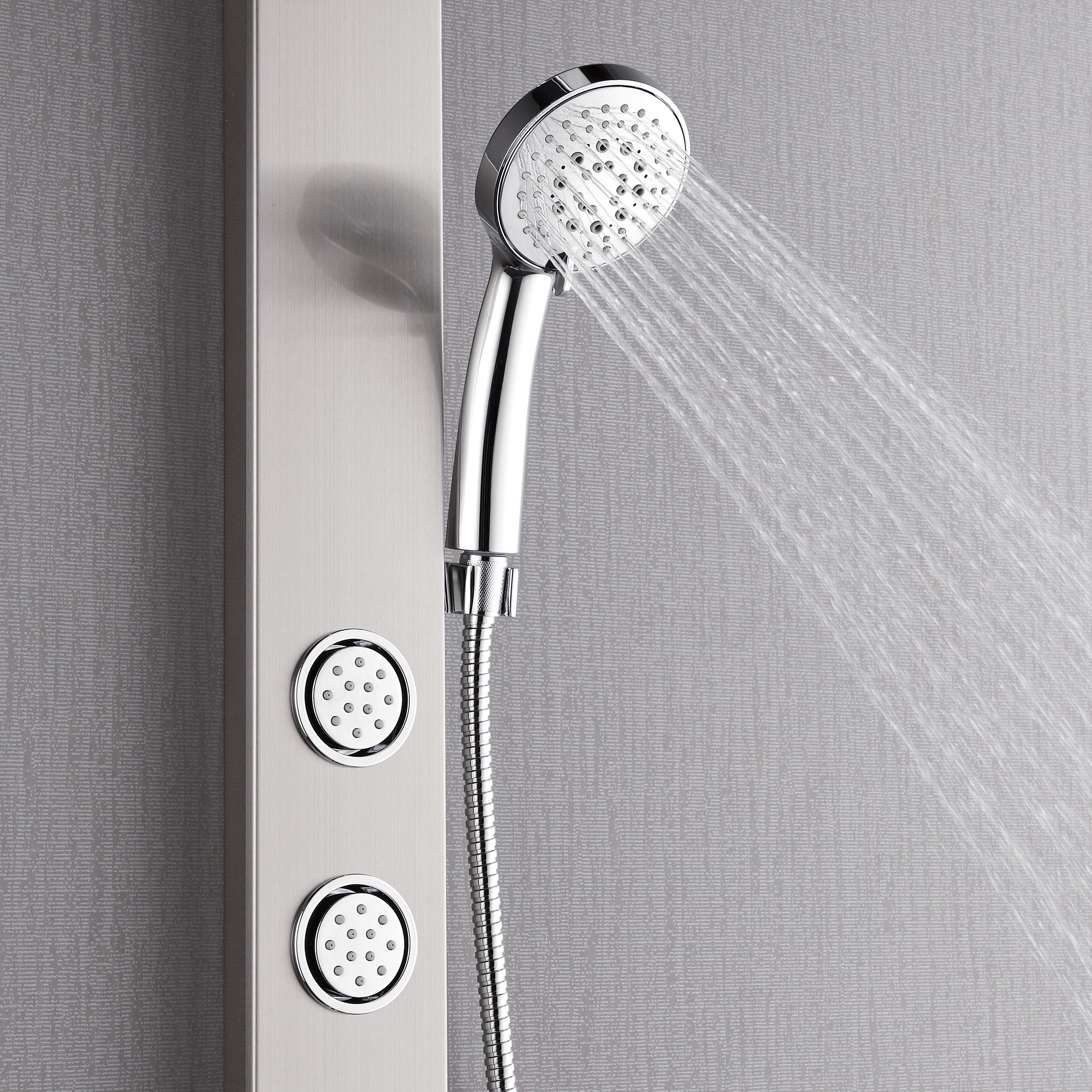 Forno Acqua AcquaSPA Shower Panel in Stainless Steel, Overhead Rainfall Shower, Handheld Shower Head, Body Jets, 1.8 GPM Flow Rate