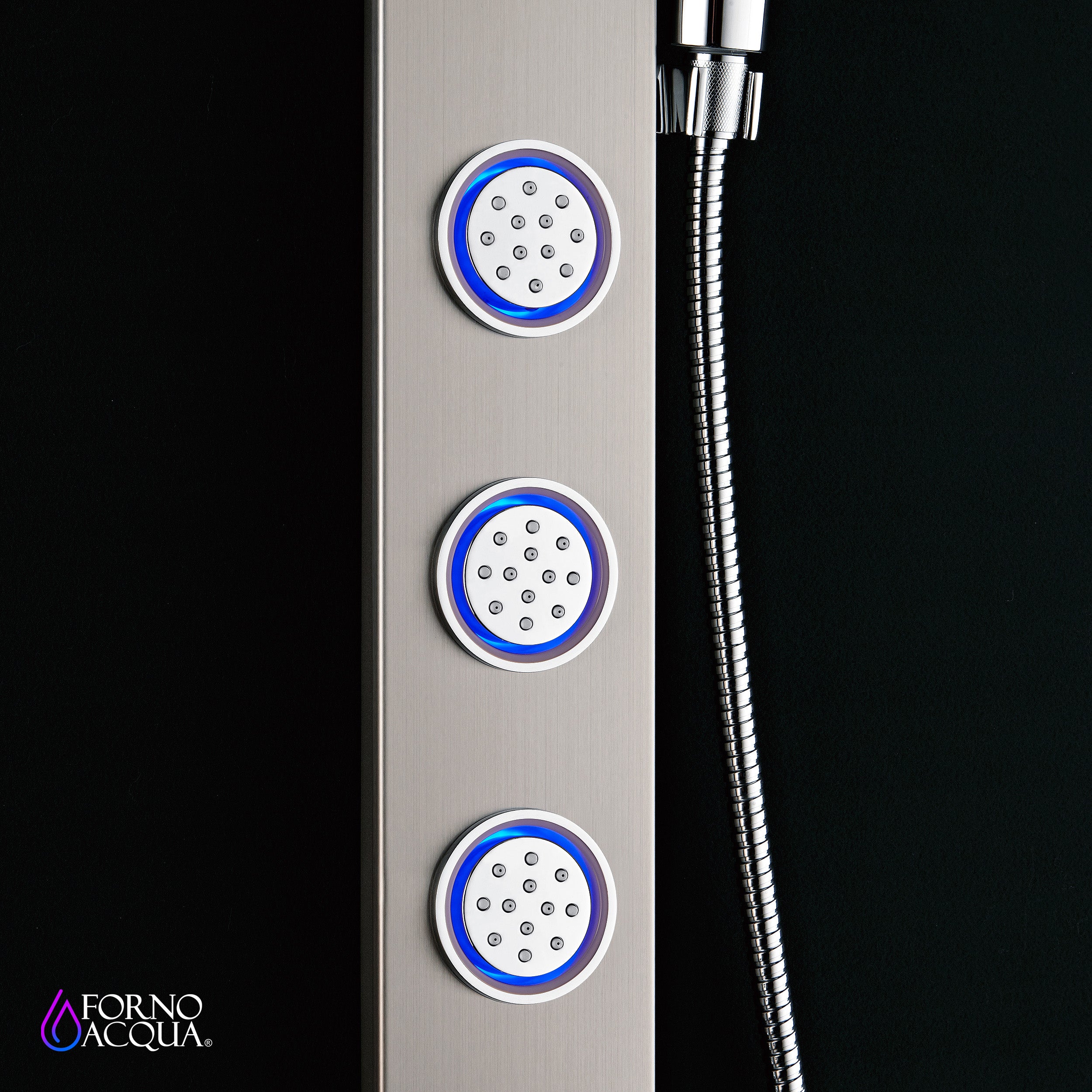 Forno Acqua AcquaSPA Shower Panel with SensoTemp, Stainless Steel, Overhead Rainfall Shower, Handheld Shower Head, Body Jets, 1.8 GPM Flow Rate