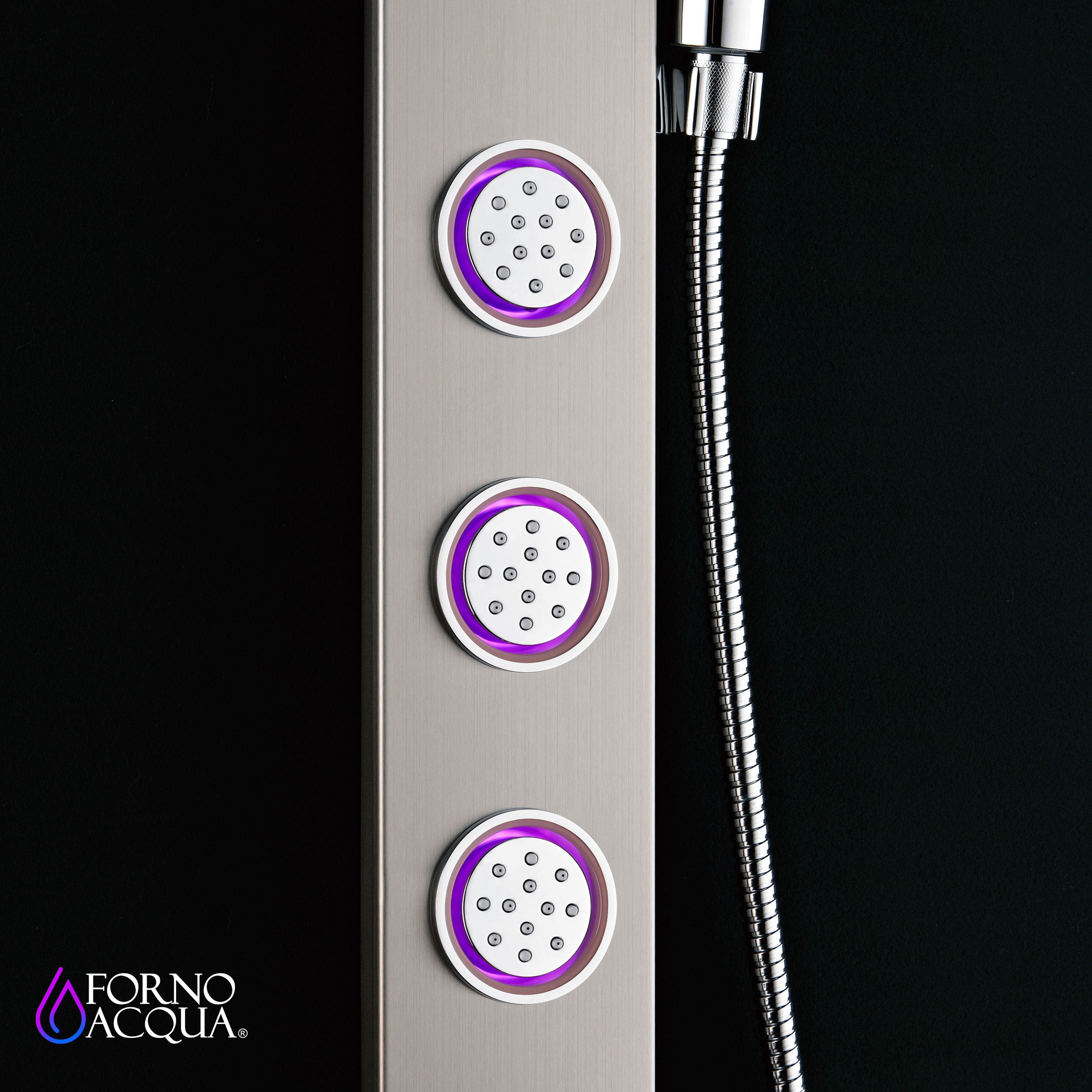 Forno Acqua AcquaSPA Shower Panel with SensoTemp, Stainless Steel, Overhead Rainfall Shower, Handheld Shower Head, Body Jets, 1.8 GPM Flow Rate