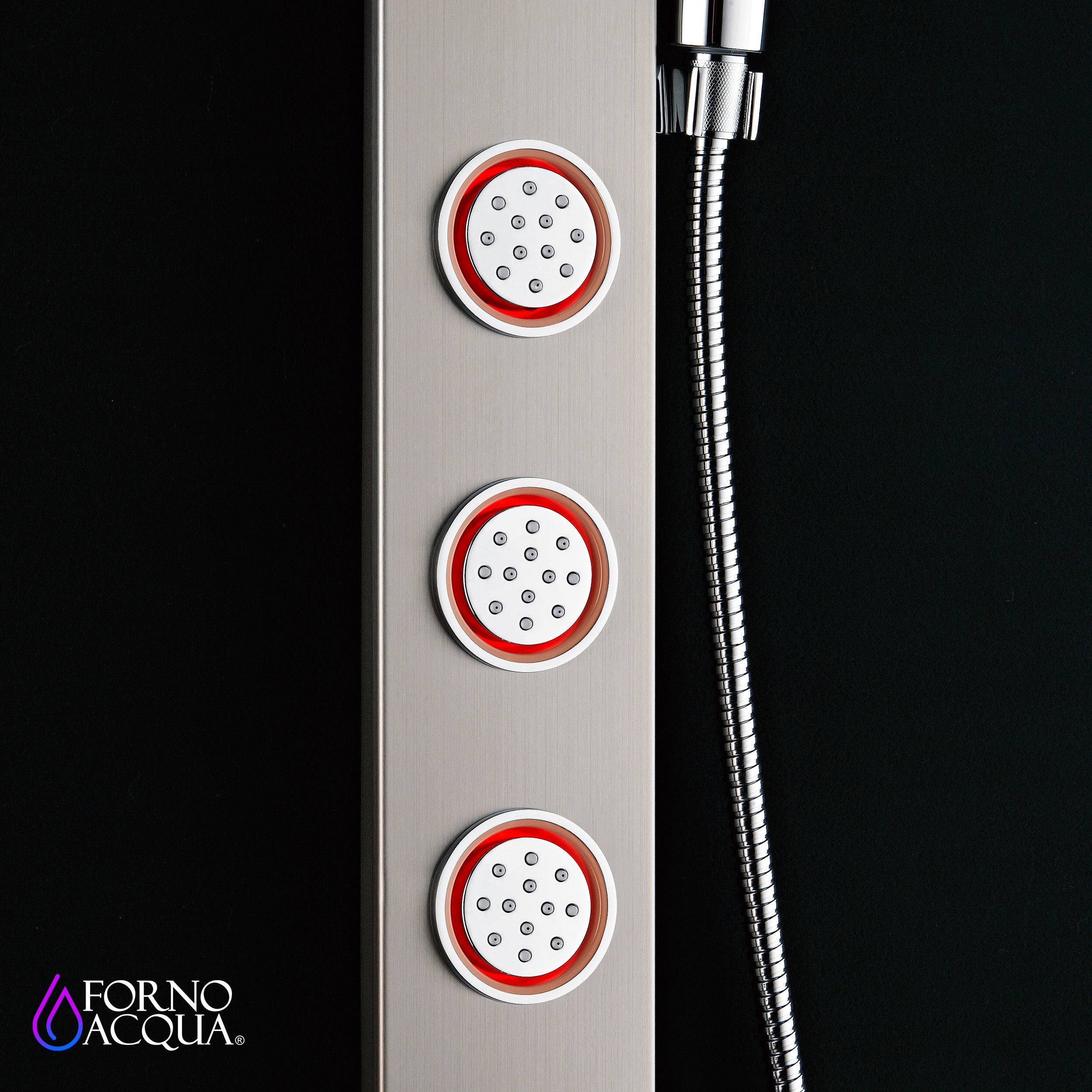 Forno Acqua AcquaSPA Shower Panel with SensoTemp, Stainless Steel, Overhead Rainfall Shower, Handheld Shower Head, Body Jets, 1.8 GPM Flow Rate