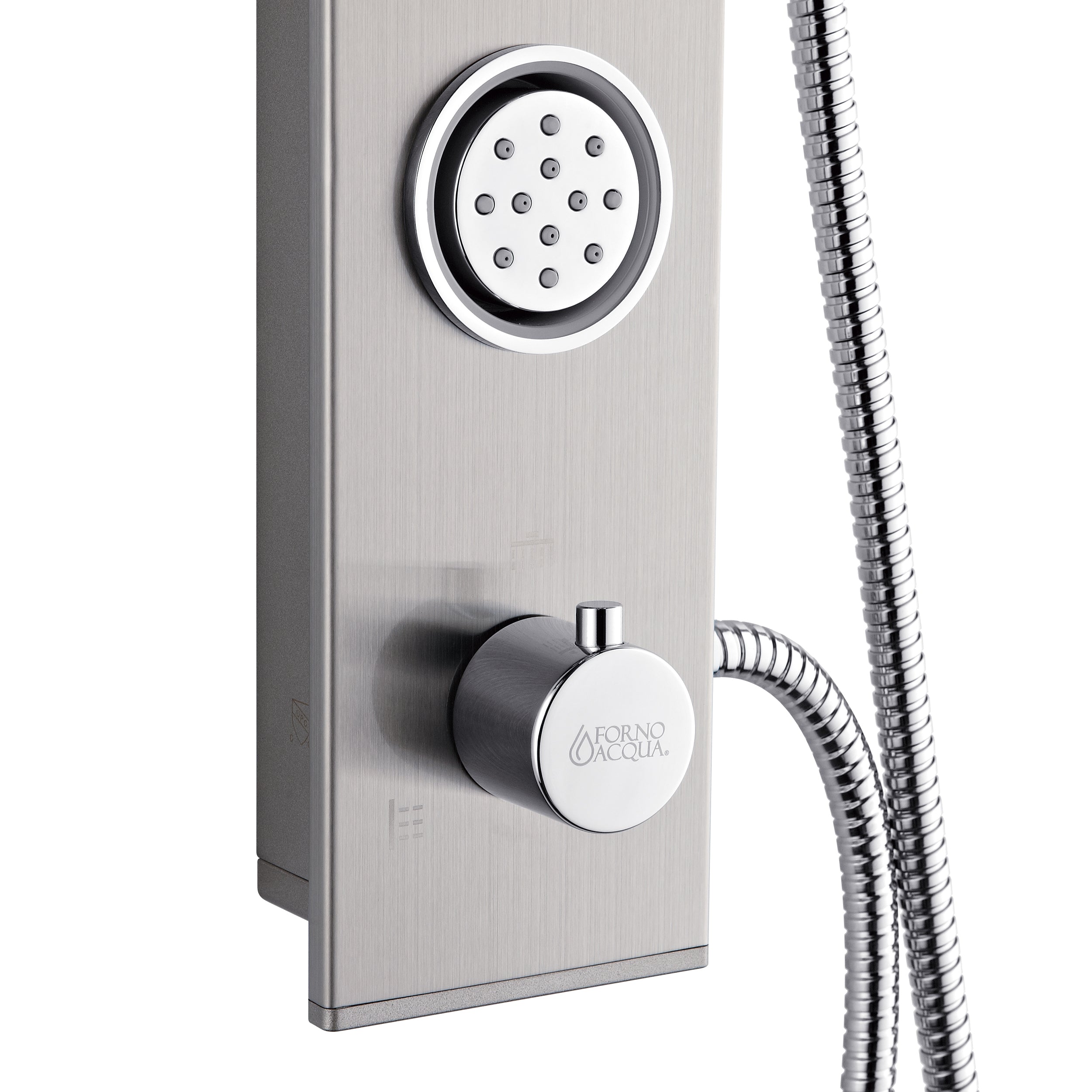 Forno Acqua AcquaSPA Shower Panel with SensoTemp, Stainless Steel, Overhead Rainfall Shower, Handheld Shower Head, Body Jets, 1.8 GPM Flow Rate