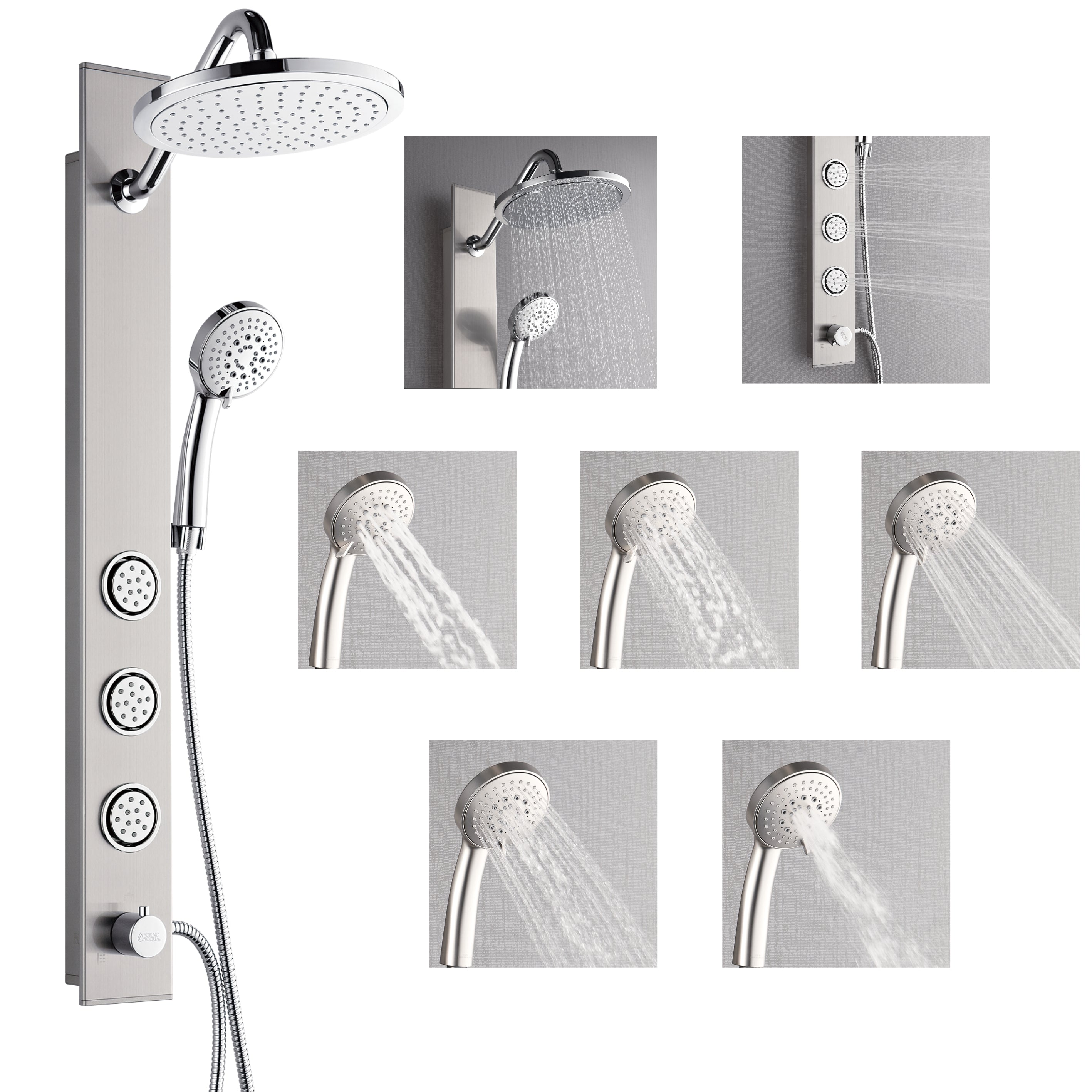Forno Acqua AcquaSPA Shower Panel in Stainless Steel, Overhead Rainfall Shower, Handheld Shower Head, Body Jets, 1.8 GPM Flow Rate