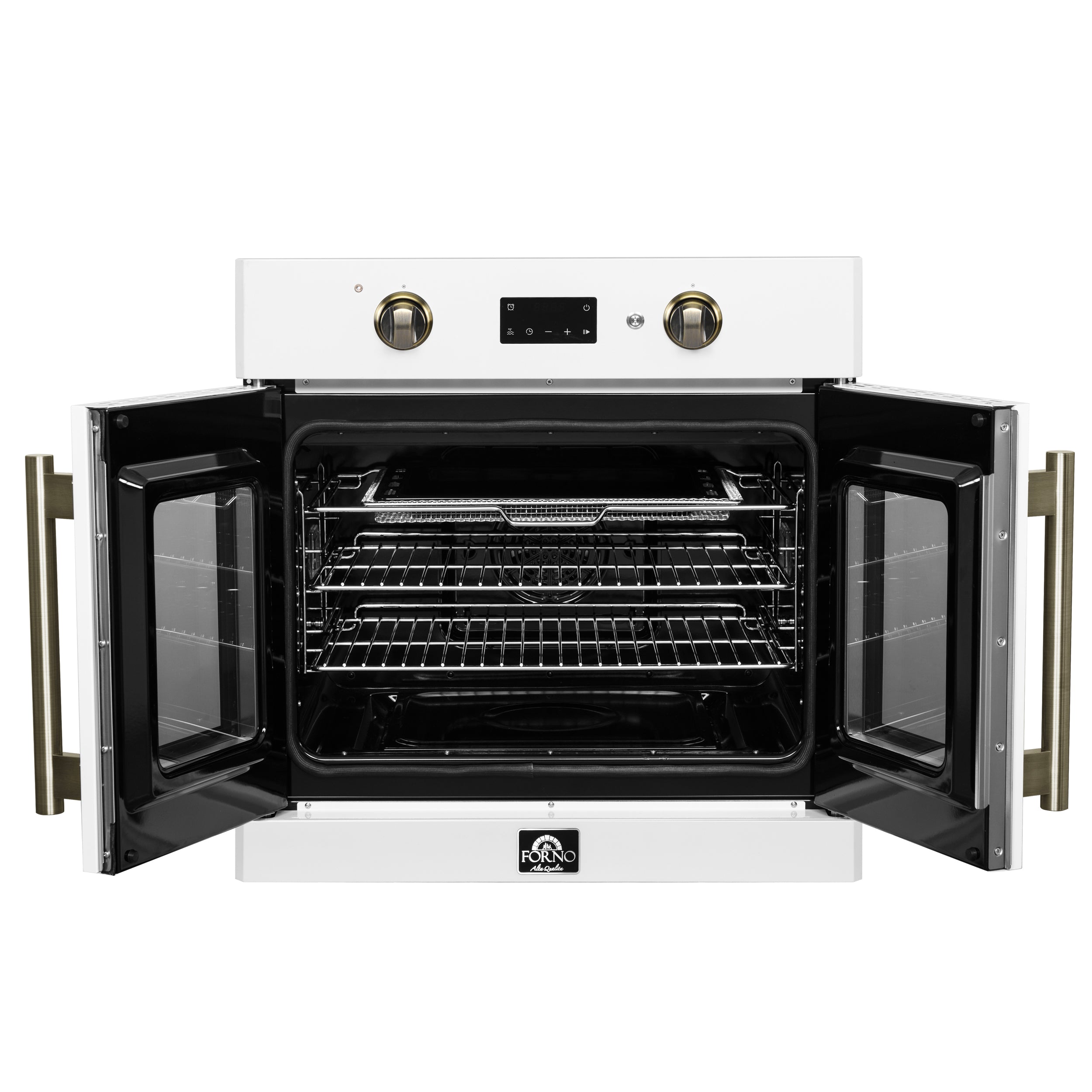 Forno Asti 30-Inch French Door Electric Wall Oven in White & Antique Brass, 3.68 cu. ft. True Convection, 3,600W, Air Fry, Sous Vide, Self-Clean