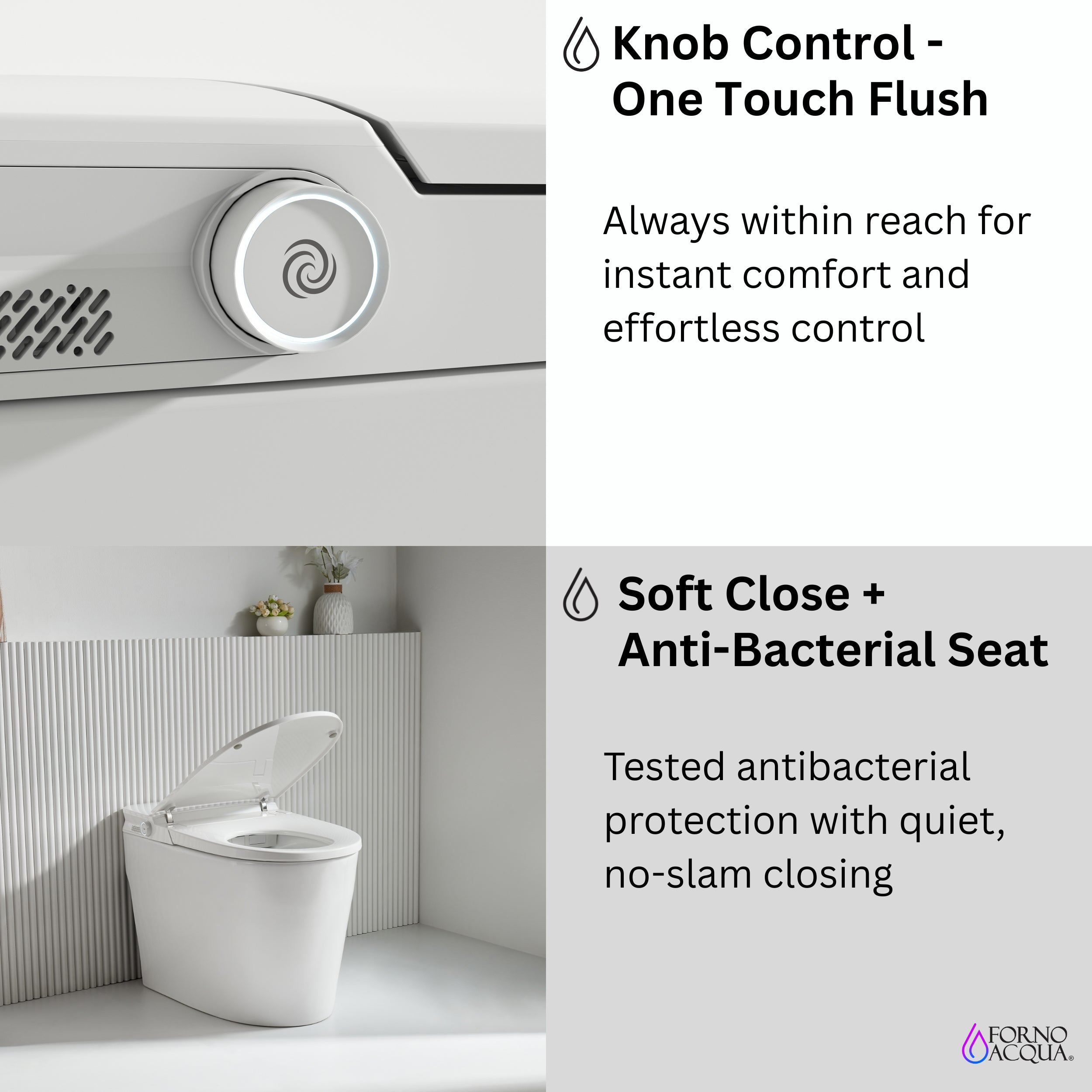 FORNO ACQUA Luxurious Smart Toilet. Includes Auto Flush, Powerful Flush, sleek tankless design Ideal for Powder Rooms.