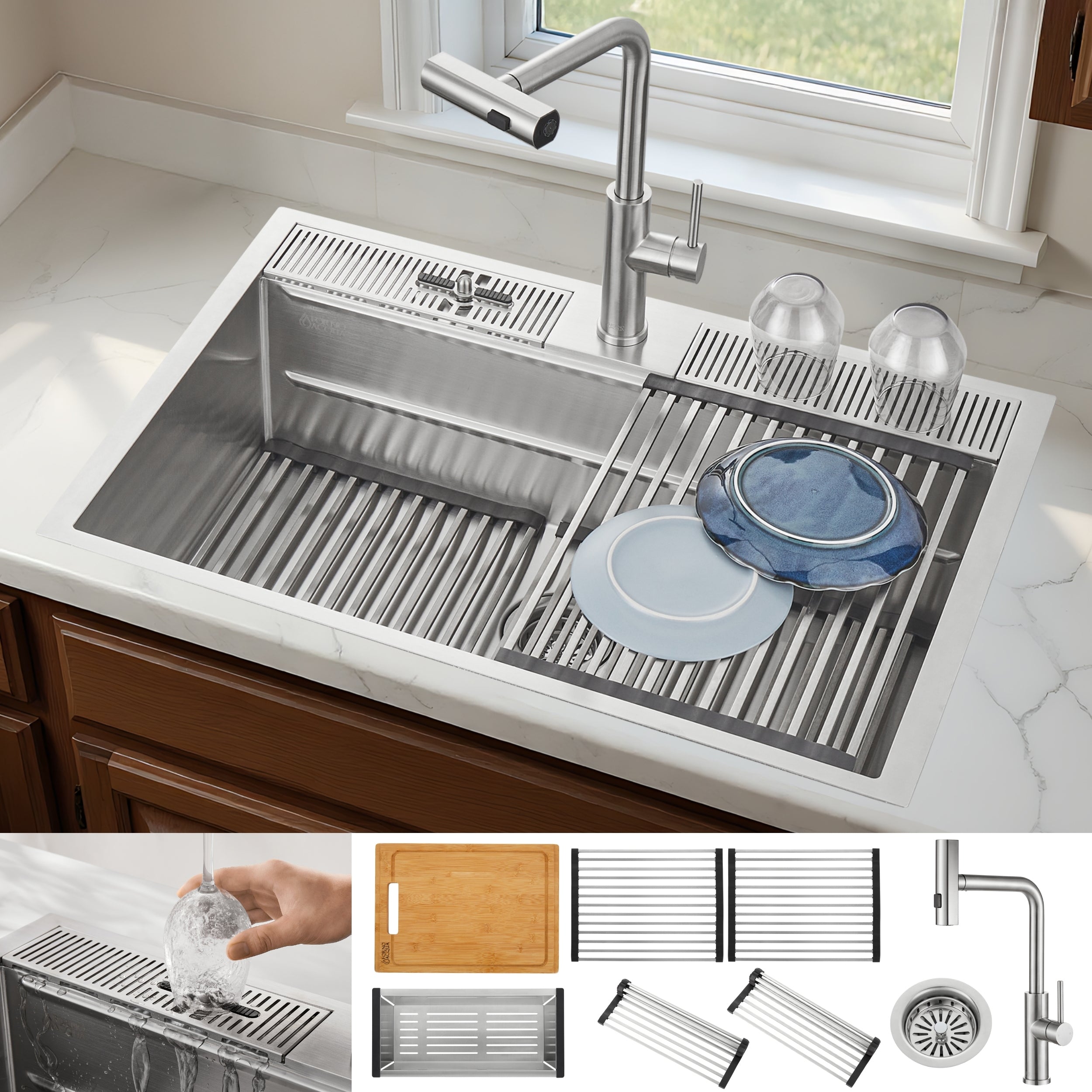 FORNO ACQUA 33 in. Drop-In/Undermount 3-Level Workstation Sink with Waterfall Faucet & Glass Rinser