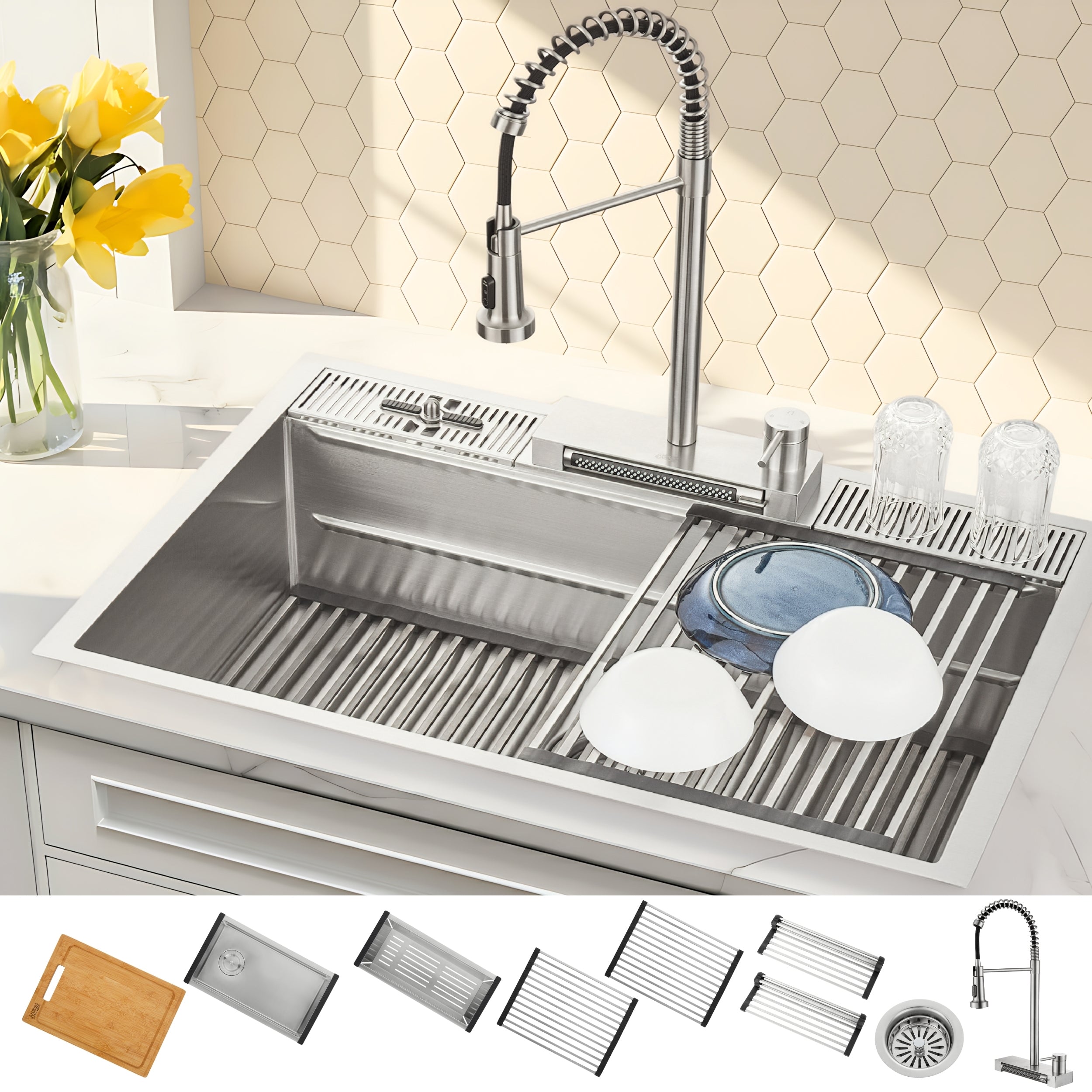 FORNO ACQUA 33 in. Drop-In/Undermount 3-Level MultiSINK Workstation Sink with Waterfall Faucet & Glass Rinser