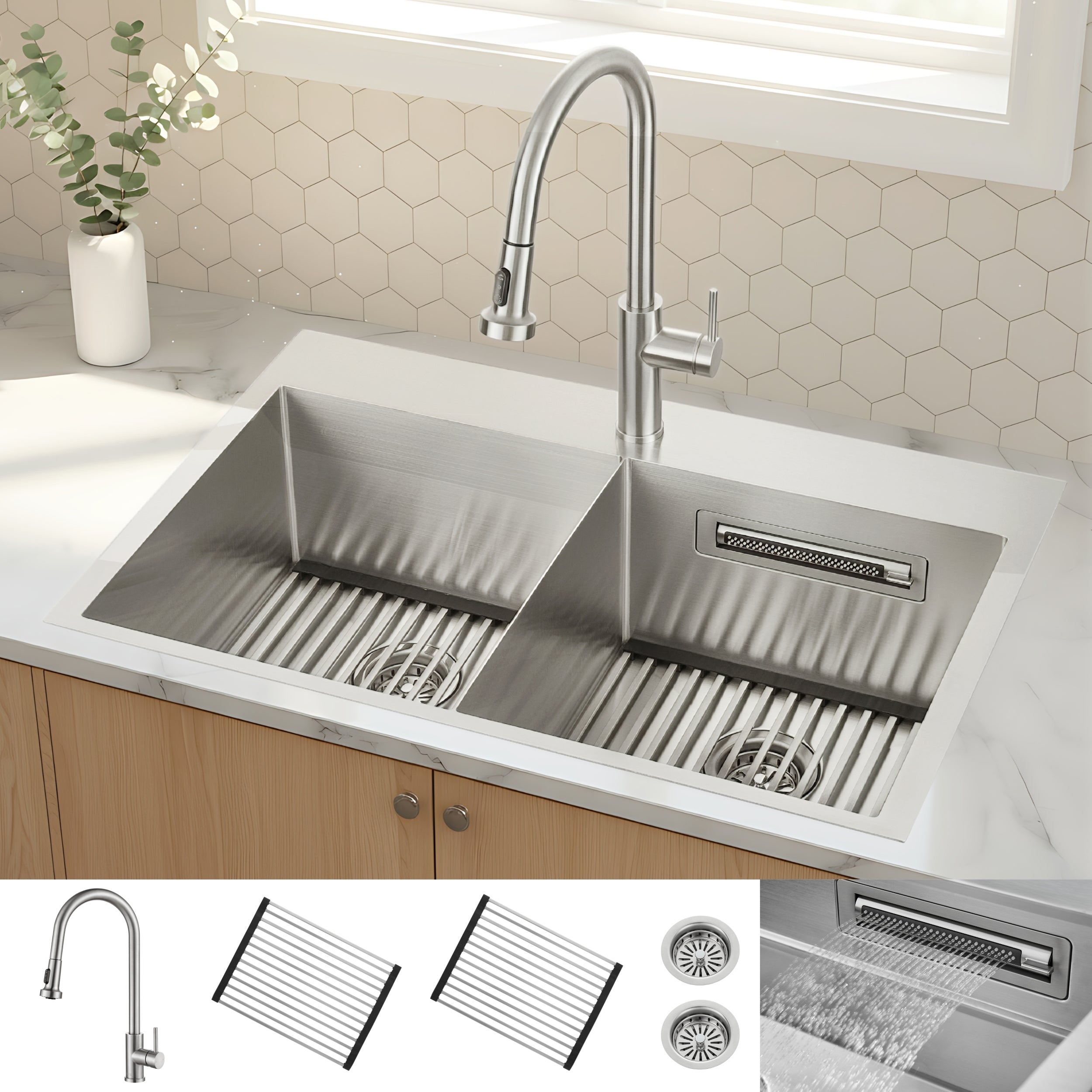 FORNO ACQUA 33 in. Drop-In/Undermount 50/50 Double Bowl Stainless Steel Sink with Faucet & Waterfall